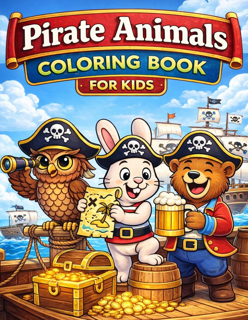 Pirate Animals Coloring Book for Kids: Fun Pirate Adventures with Cute Animal Buccaneers, Treasure Maps, Ships, and Sea Creatures | 50 Pages to Color