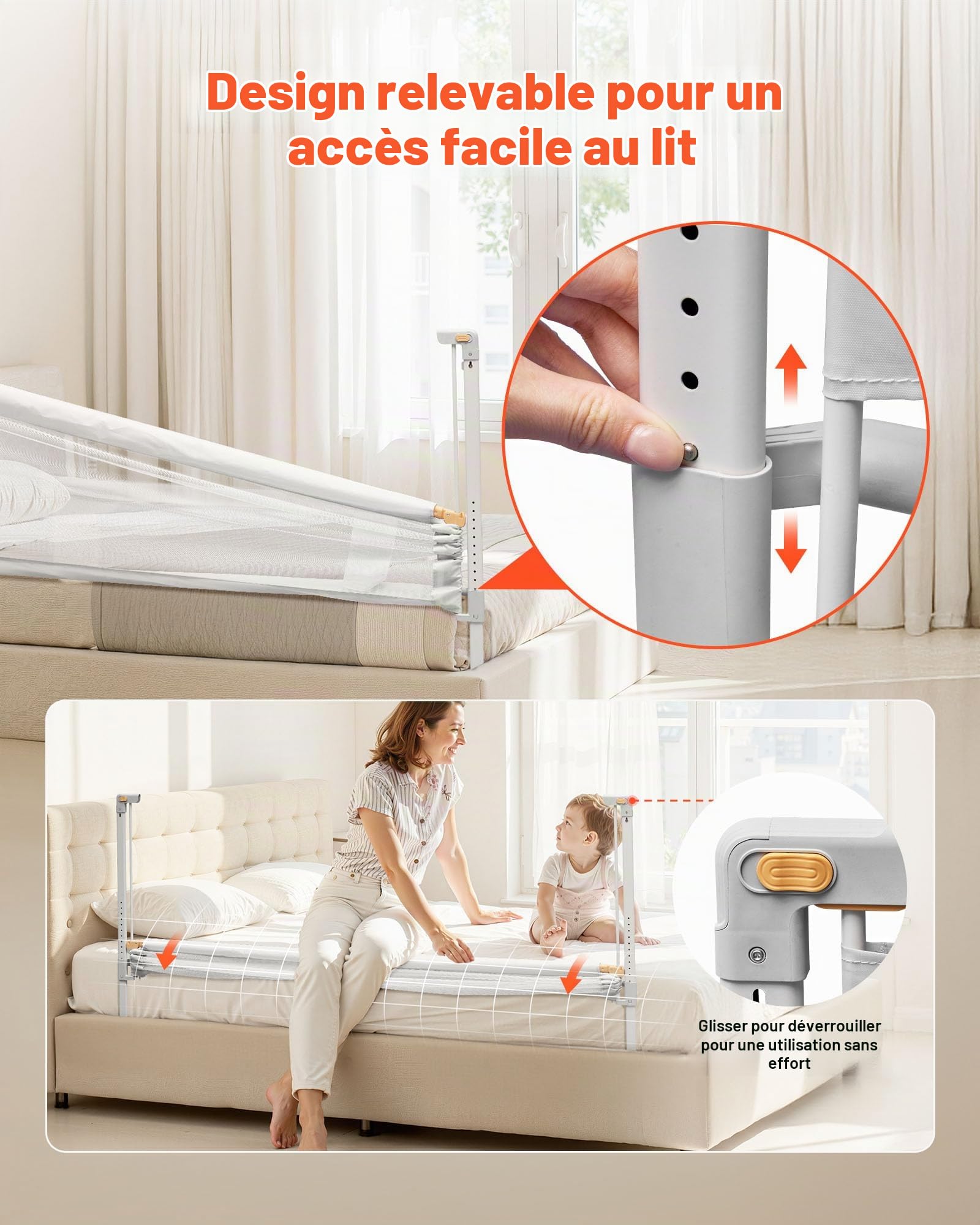 VEVOR Barrière de Sécurité de Lit pour Enfants, Longueur 1,5 m, Barrière de Lit pour Tout-Petits, avec Tube en Fer Renforcé, Tissu Oxford, Hauteur Réglable 68-89 cm, pour Épaisseur de Matelas 5-27 cm