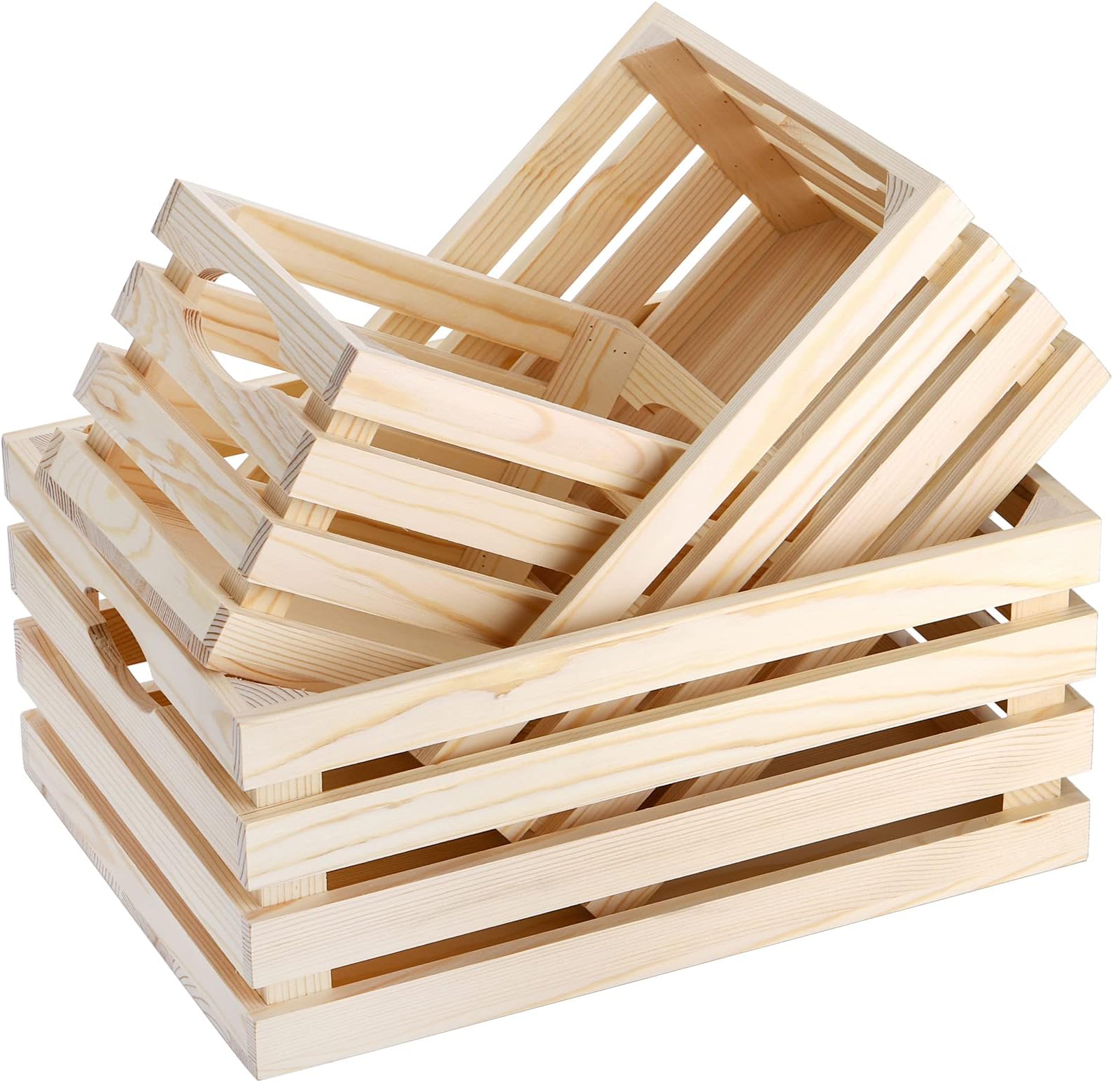 Set of 3 Wooden Crates with Cutout Handles, Decorative Hand Crafted Wood Box Nesting Crate Farmhouse Storage Basket Container for Display and Organization, Home Centerpieces, 3 Sizes
