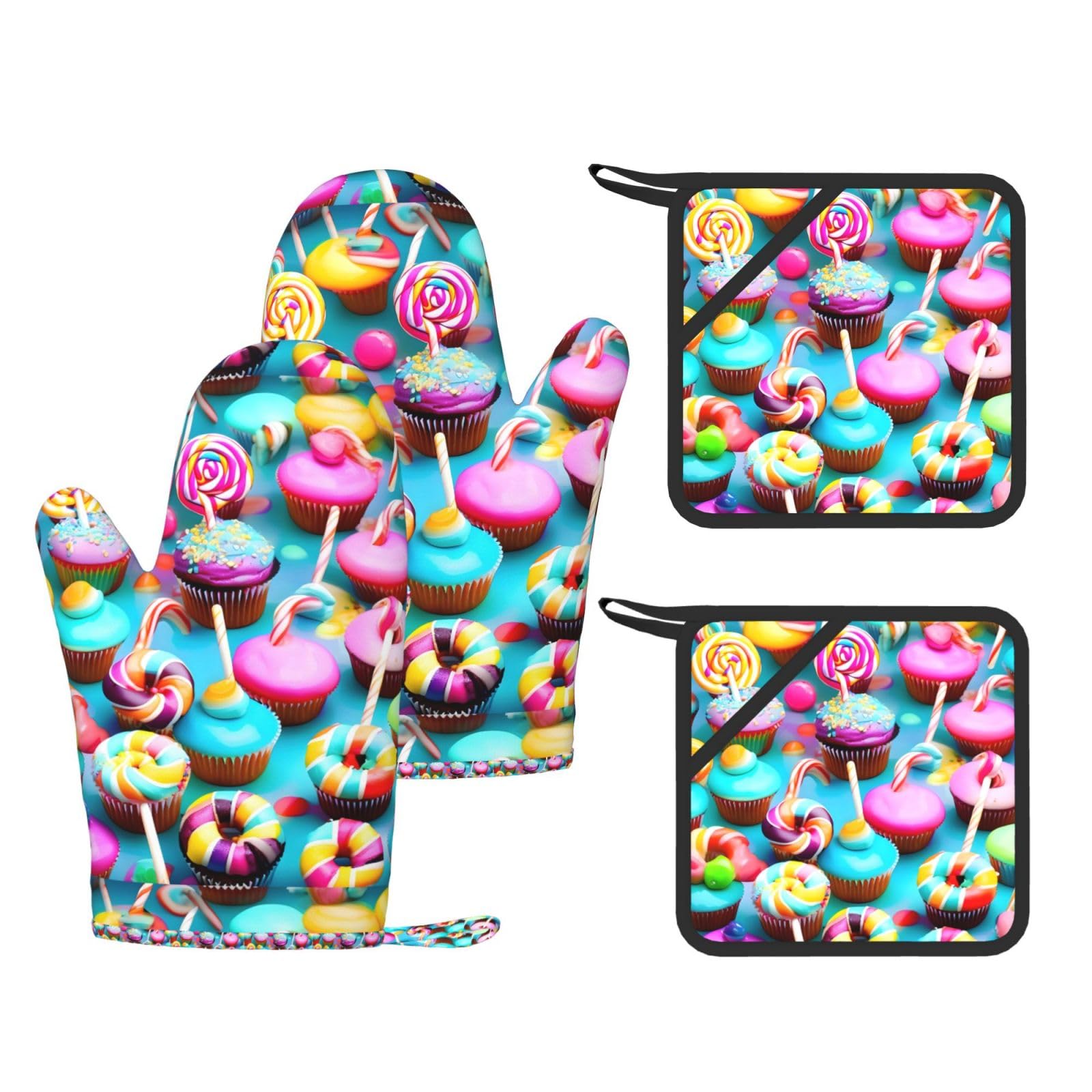Colorful Sweet Lollipop Cupcake Donut Print Kitchen Heat Resistant Set,Cooking Kit With Hanging Loop For Baking & Bbq