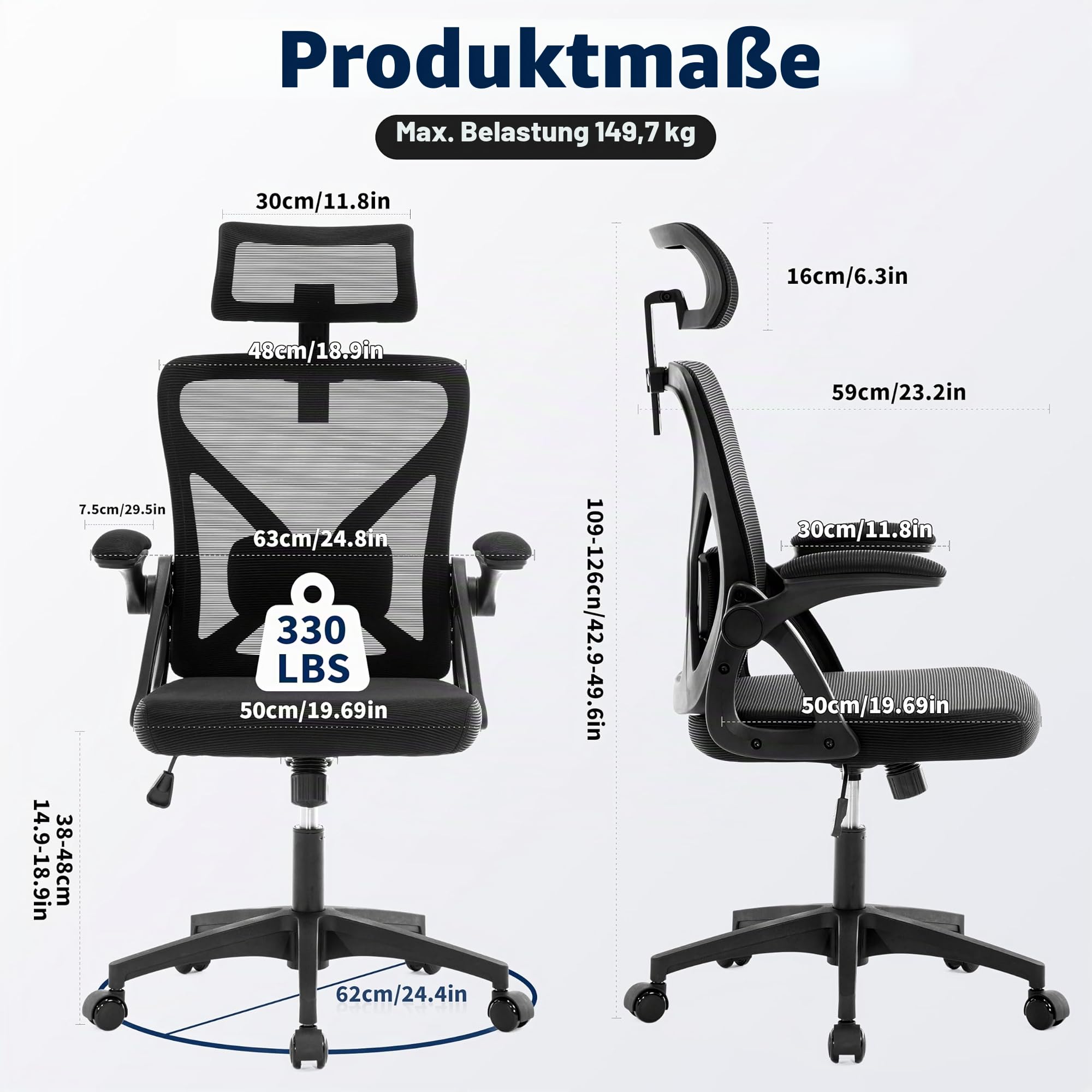 Fizzin Bürostuhl Ergonomischer Wippfunktion bis 125°,180kg | Schreibtischstuhl mit verstellbare Kopfstütze,Armlehnen & Lendenstütze Chefsessel Mesh für Büro, Gaming & Homeoffice, Schwarz