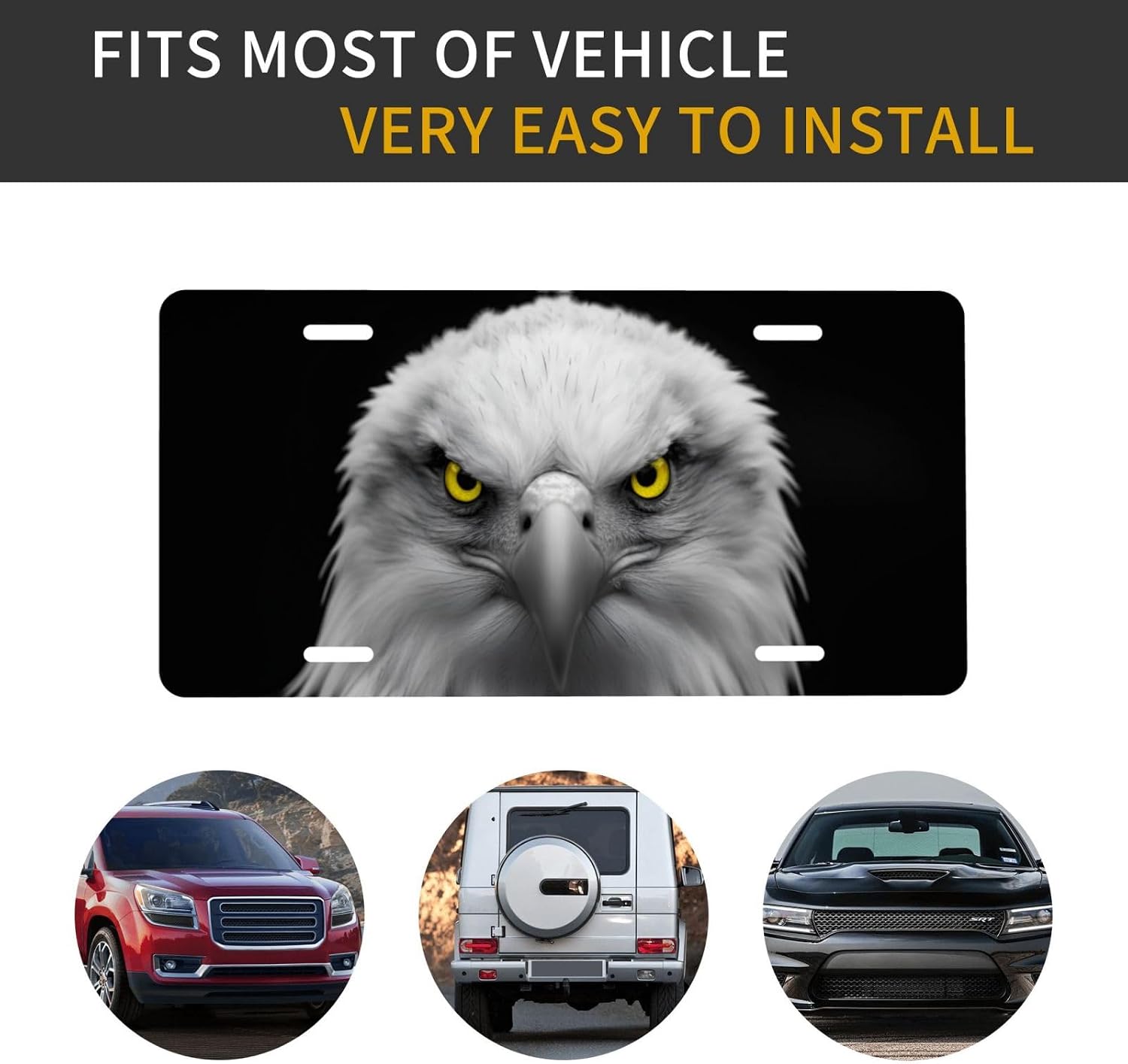 Front License Plate Cover – Aluminum Metal Car Accessory, Rust-Proof Novelty Vanity Tag Decor for Men & Women, 6x12 with 4 Holes - 026 Bald Eagle