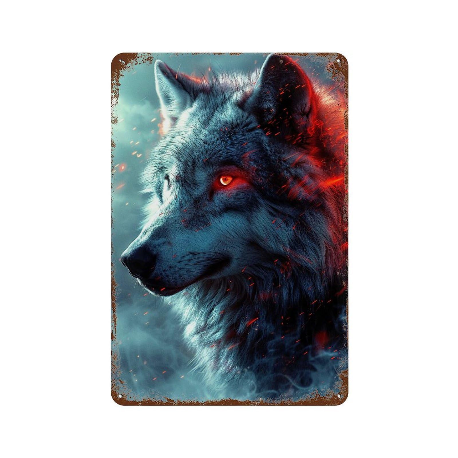 Red Eye Wolf Aged Metal Wall Plaque 11.8"x7.9", for Office, Studio And Wall Decor, Novelty Wall Decor
