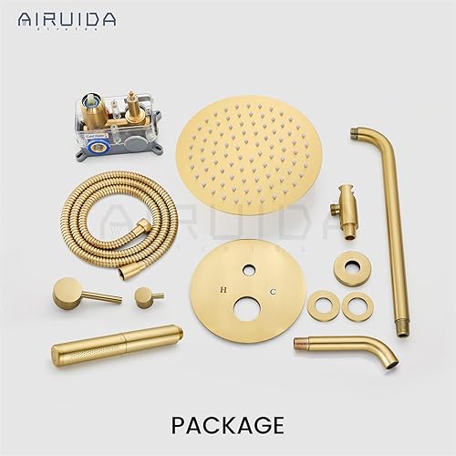 Miniatura 44 de Airuida Juego de sistema de ducha redondo con boquilla de bañera, montaje en pared, juego de grifo de ducha de lluvia de 3 funciones, 2 funciones