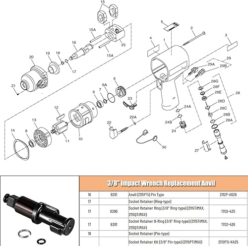 Miniatura 2 de Yunque de repuesto de llave de impacto de 3/8 pulgadas con junta tórica y clip de retención apto para Ingersoll Rand IR2112 e IR2115 reemplaza parte