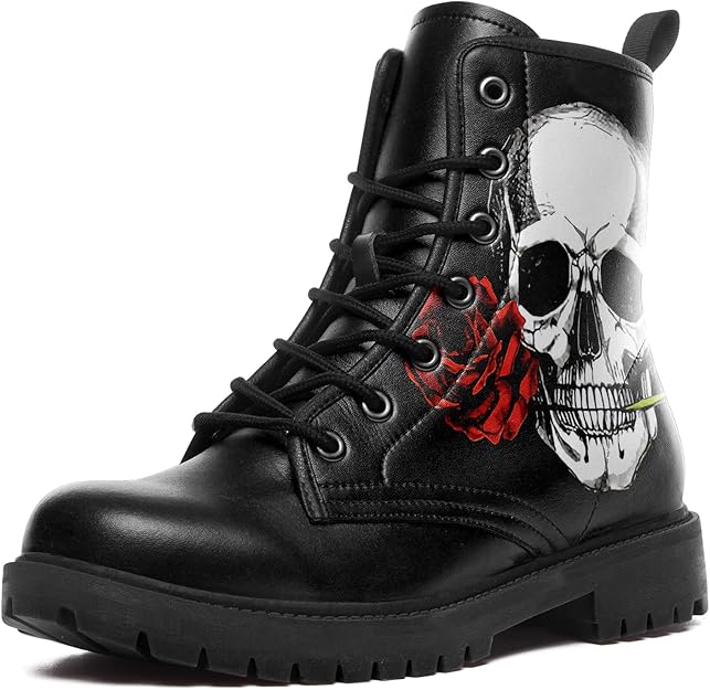 7181ksifRiL. AC SY625 2025 Botas de combate negras personalizadas para mujer, con cordones, calavera, rosa, botines de tacón grueso, botas de cuero con plataforma