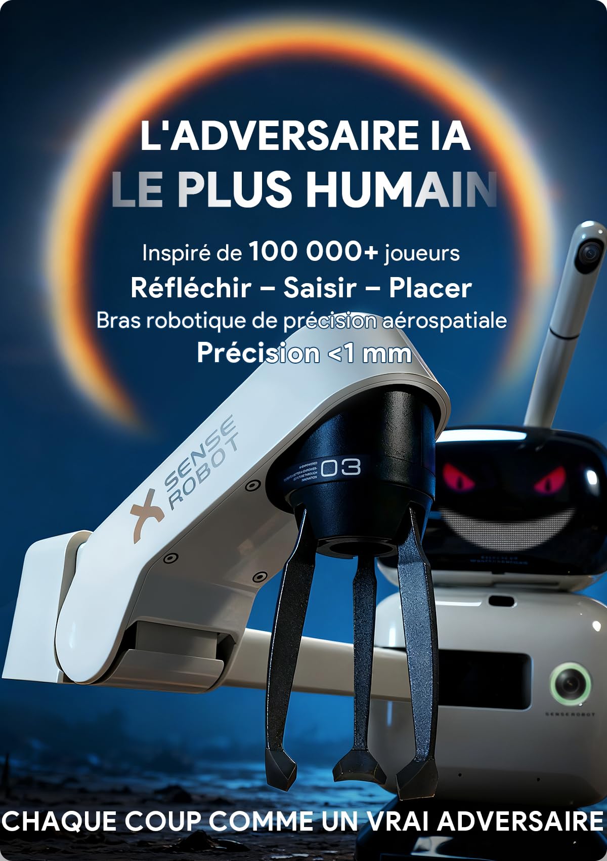 Robot d'échecs Sense Robot AI avec Bras robotisé – 25 Niveaux d'IA, 1200+ Exercices, entraîneur de finales, relecture de Parties Classiques, Coaching Vocal, intégration Lichess, App synchronisation