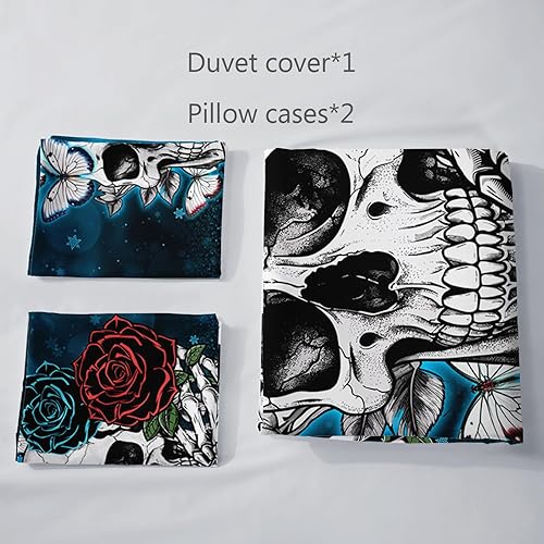 Miniatura 106 de AILONEN Juego de funda de edredón de calavera de azúcar, tamaño Queen, juego de funda de edredón de calavera de rosa roja, juego de ropa de cama