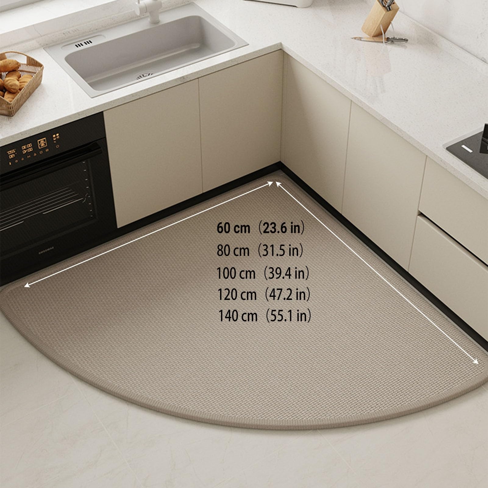 Tapis de cuisine d'angle incurvé, anti-fatigue, rembourré, en forme d'éventail, antidérapant, absorbant l'eau, lavable, pour zones en forme de L (couleur 5, 140 x 140 cm)