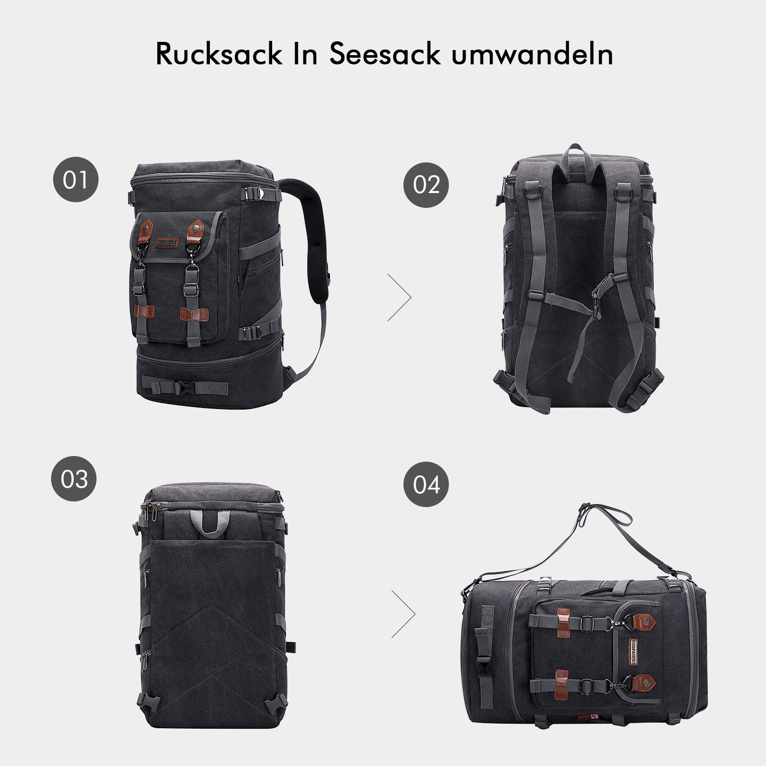 WITZMAN Canvas Reiserucksack Herren mit 16-Zoll-Laptopfach und Schuhfach | Großer Stauraum, Mehrere Fächer und Umwandelbare Reisetasche, Ideal für Reisen, Arbeit und Kurztrips, A568 Schwarz