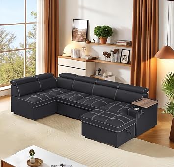 oaaktu 113 inch Ultra-fine Fiber Segmented Sleeper Sofa with Pull-Out Bed, Recliner and Storage Ottoman Style Sofa. with Adjustable headrests and Degree Rotating Side Table Carbon Black