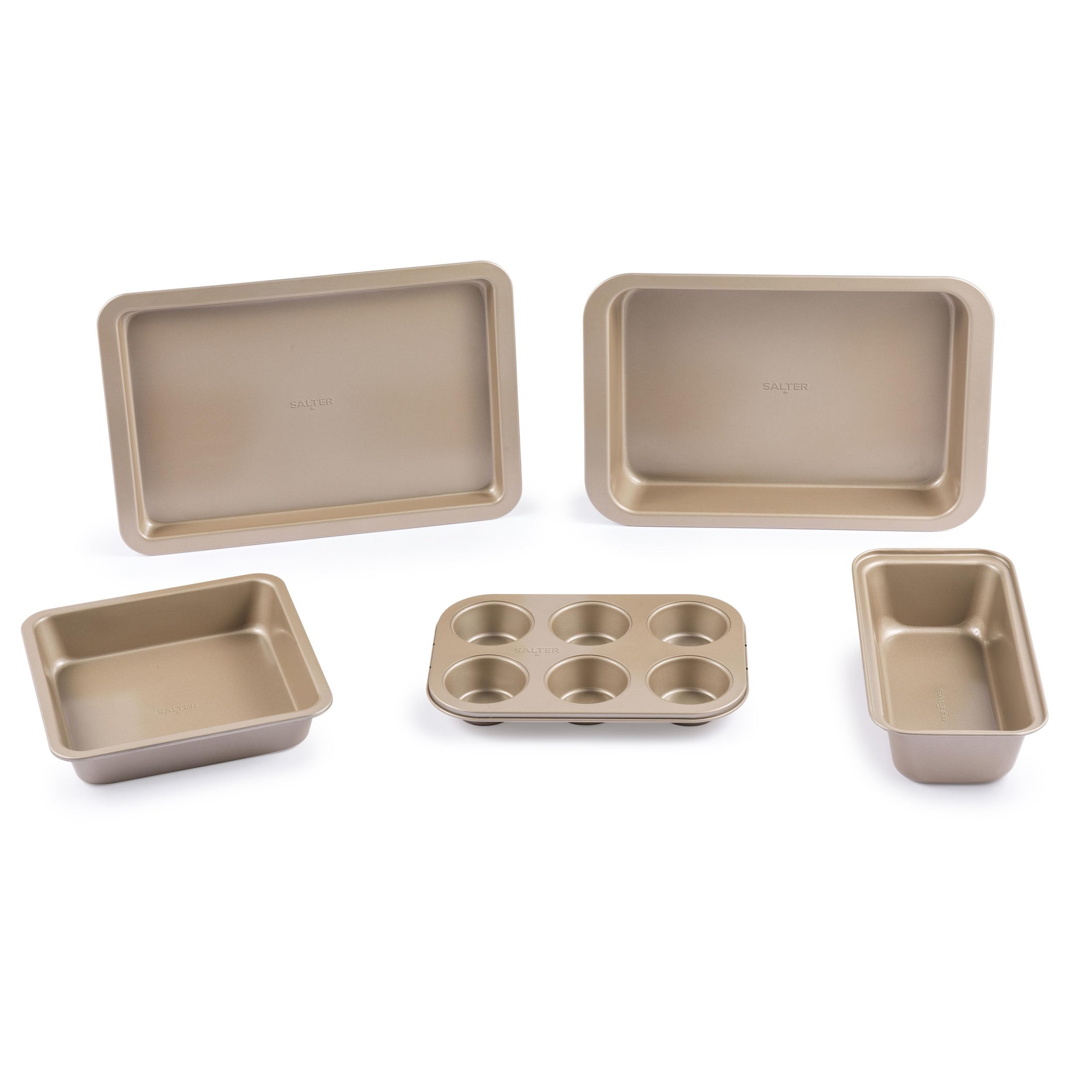 Salter BW12603GEU7 Bakes 5 Piece Bakeware Set – Non-Stick Coated Roaster, Baking Tray, Square Pan, Loaf Tin, Muffin Tray, Oven Safe Up to 220°C, PFOA-Free, for Cake/Cookies/Bread/Muffins, Gold