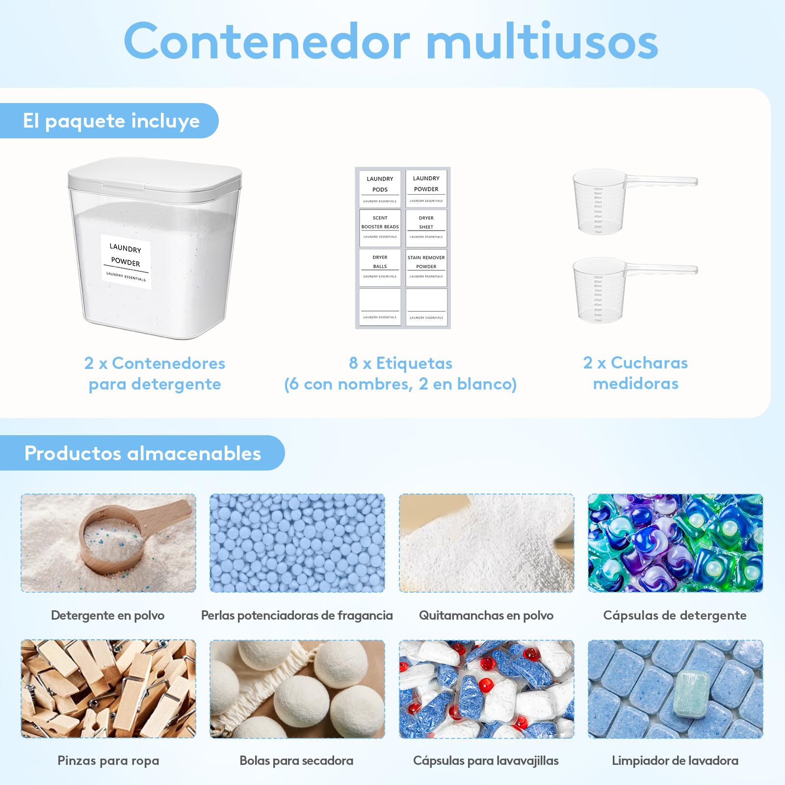 Lifewit Contenedor Detergente Polvo, Lavanderia Organizador, Pastillas Lavadora Caja de Almacenamiento de Plástico, Contenedores para Baño, Dispensador Detergente Lavadora, 2700 ml, 2 Piezas