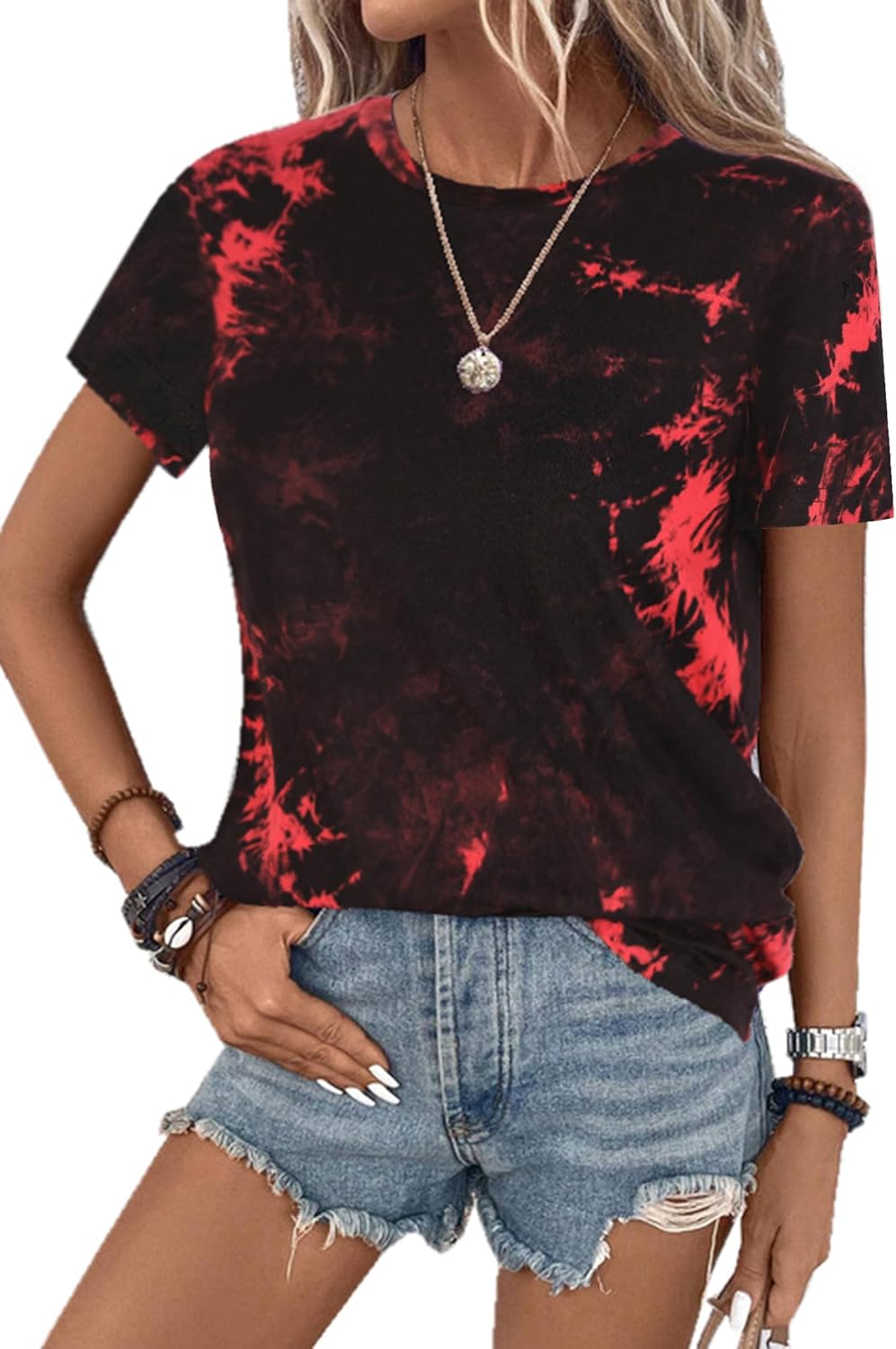 SOFIA'S CHOICE Women's Crewneck Tie Dye Shirts Fitted Short Sleeve Casual Summer Tee Tops