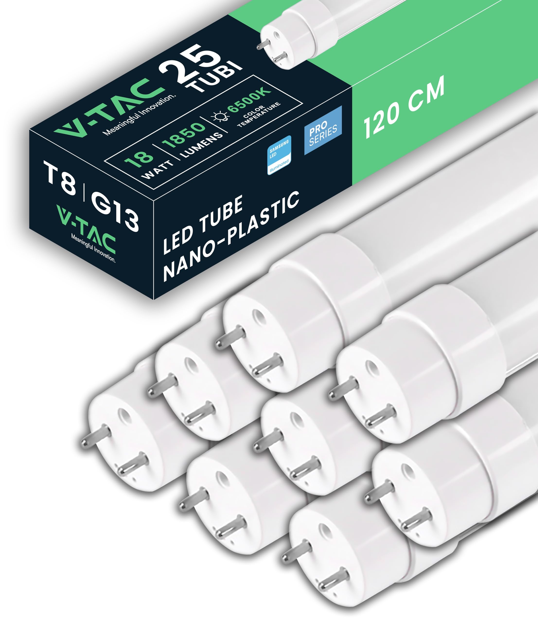 V-TAC 25 Tubi LED 120 CM con attacco G13-18W - 1850 Lumen - [ 25 PEZZI ] - Chip Samsung - Tubi LED per Soffitto, Parete, Garage, Negozio - Tubo forma T8 - Sostituzione Neon - Luce Fredda 6500K