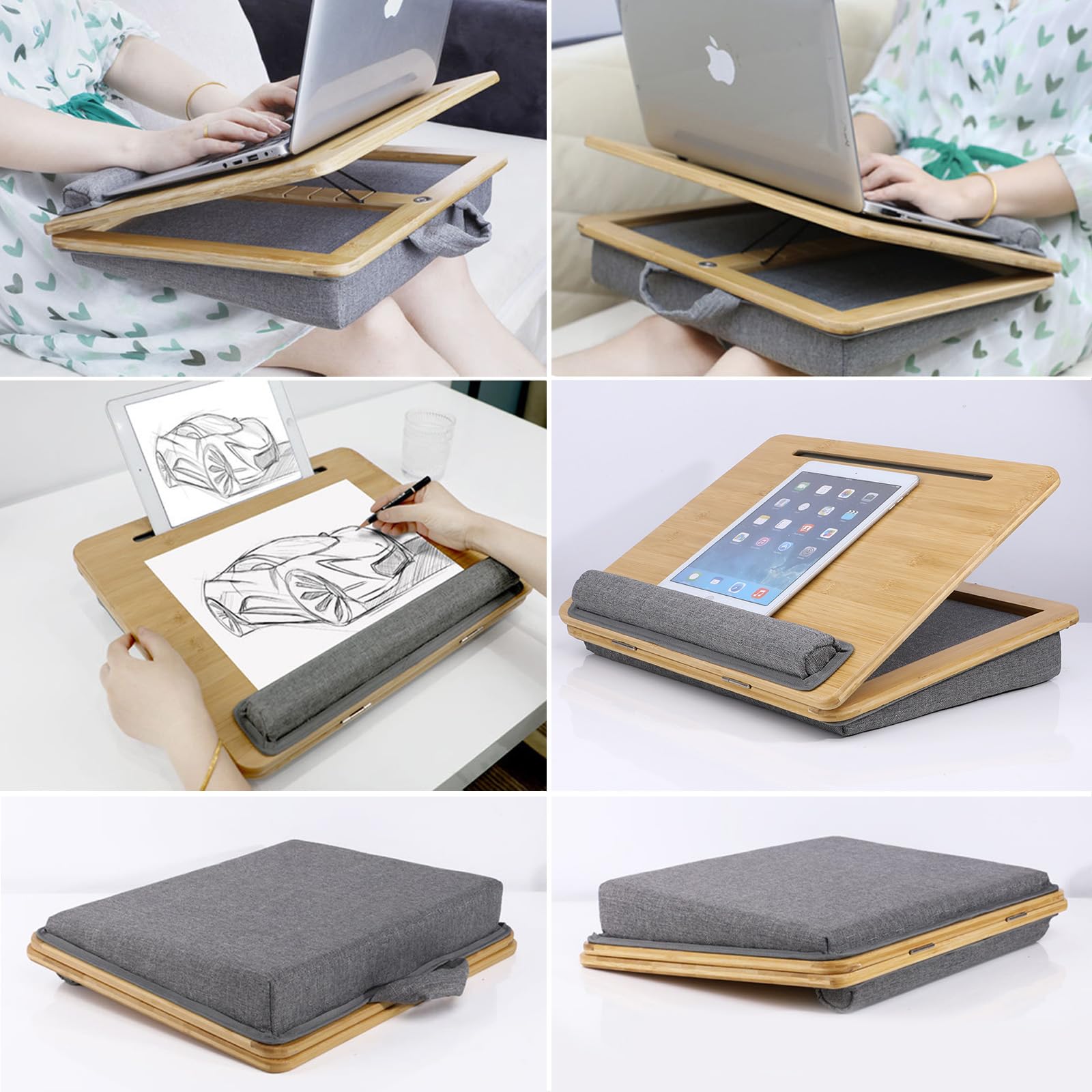 SUMISKY Regulowany stojak na laptopa z poduszką, bambusowa platforma z uchwytem na telefon, podkładka pod nadgarstek pasuje do laptopów o przekątnej do 15,6 cala