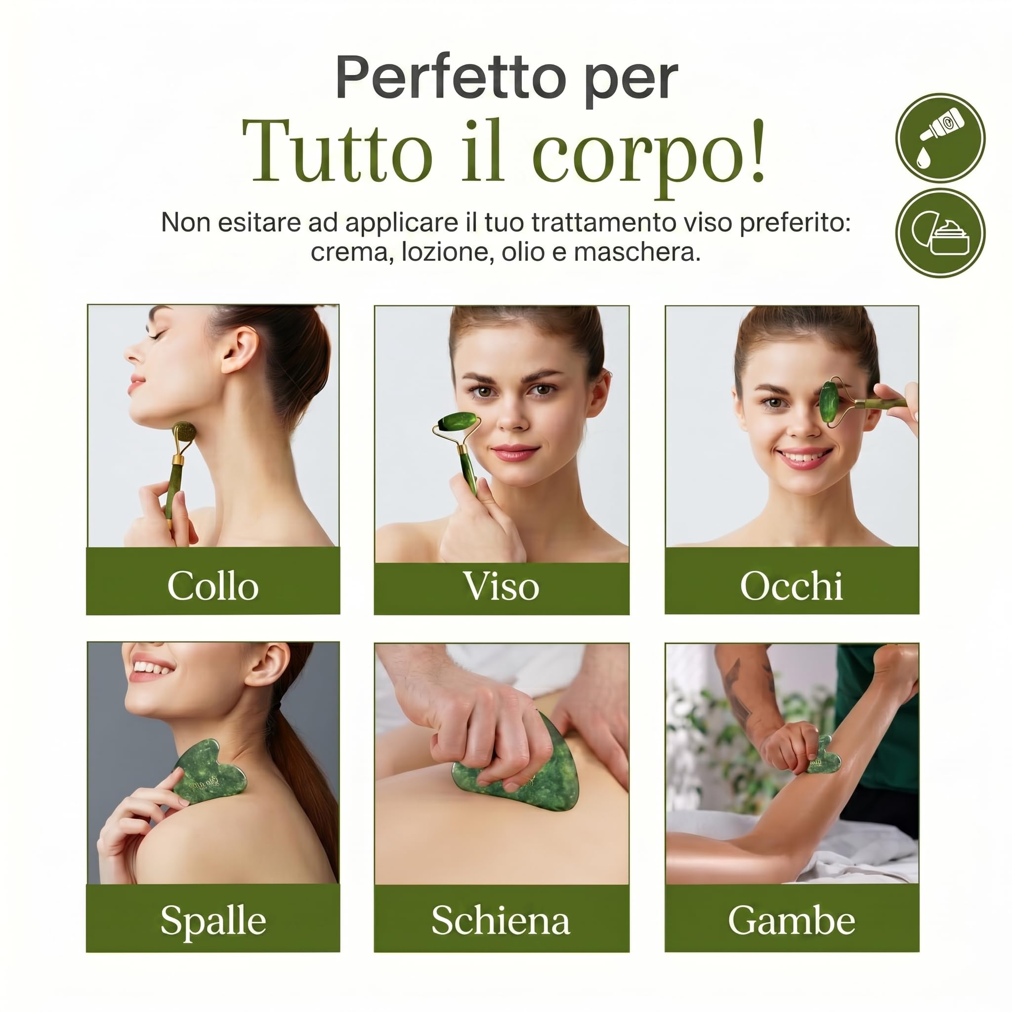 Kit Gua Sha per Viso e Corpo & Roller | Pietra Di Giada Verde | Massaggio Antirughe & Drenaggio Linfatico | Lifting Mento Doppio | Guasha | Maderotherapy | Gasha | Raffinare Shaper del Viso [OanovA]