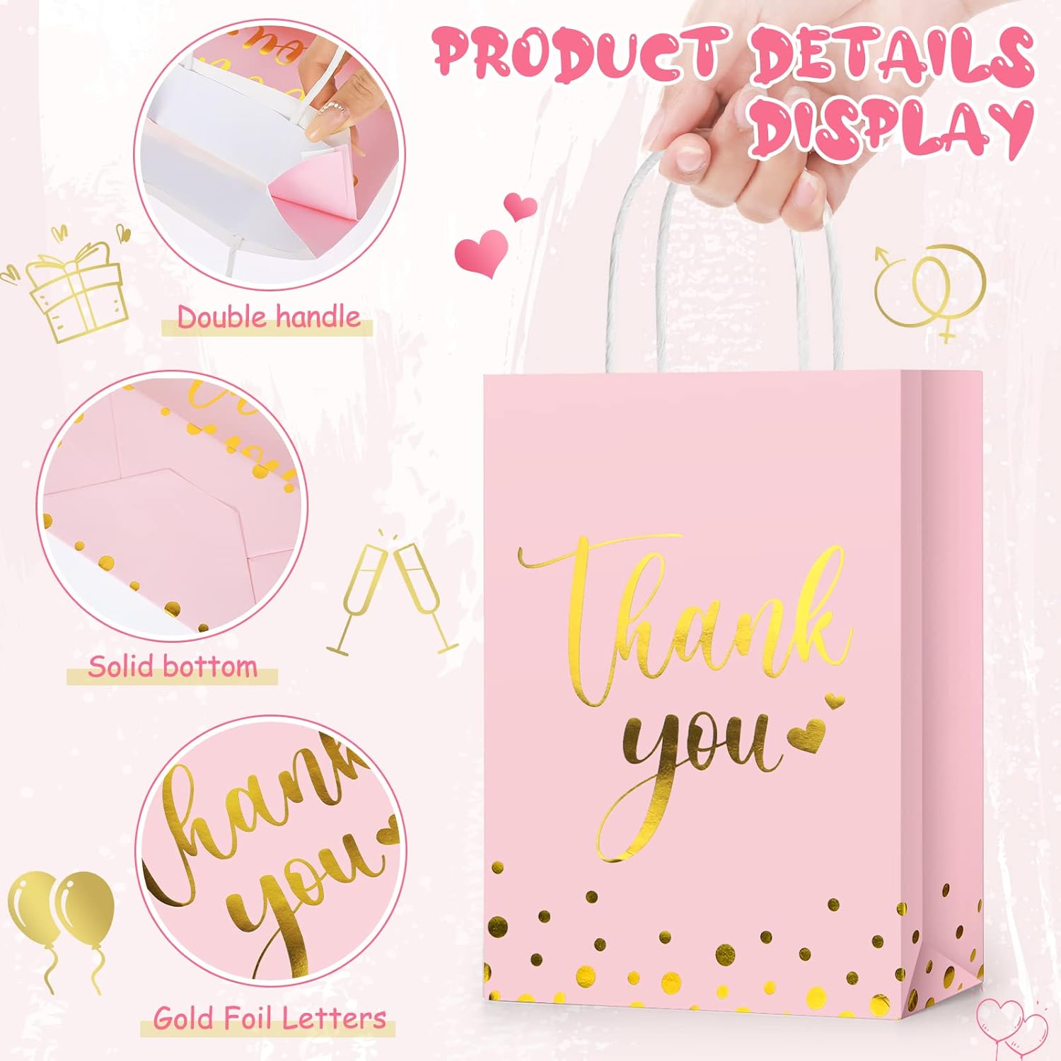 Tinlade 12 Pcs Thank You Gift Bags with Tissue Paper Gold Polka Dots Thank You Bags with Handle Party Favor for Wedding Birthday Baby Shower Business Shopping(Pink) - Image 4