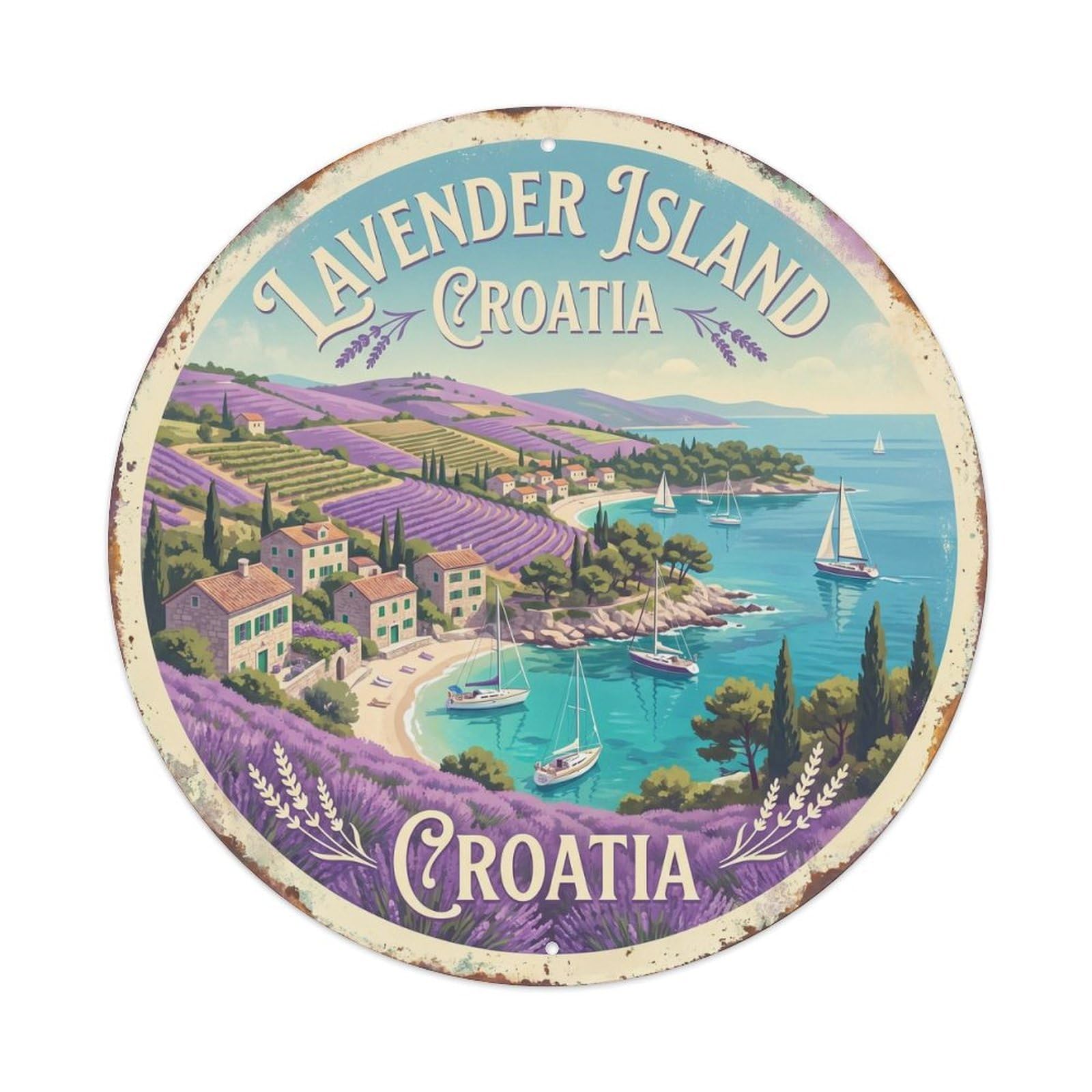 Vintage Travel Lavender Island Croatia Metal Tin Sign Plaque Wall Decor for Cafe, Club, Garden Round Metal Poster 8x8Inch