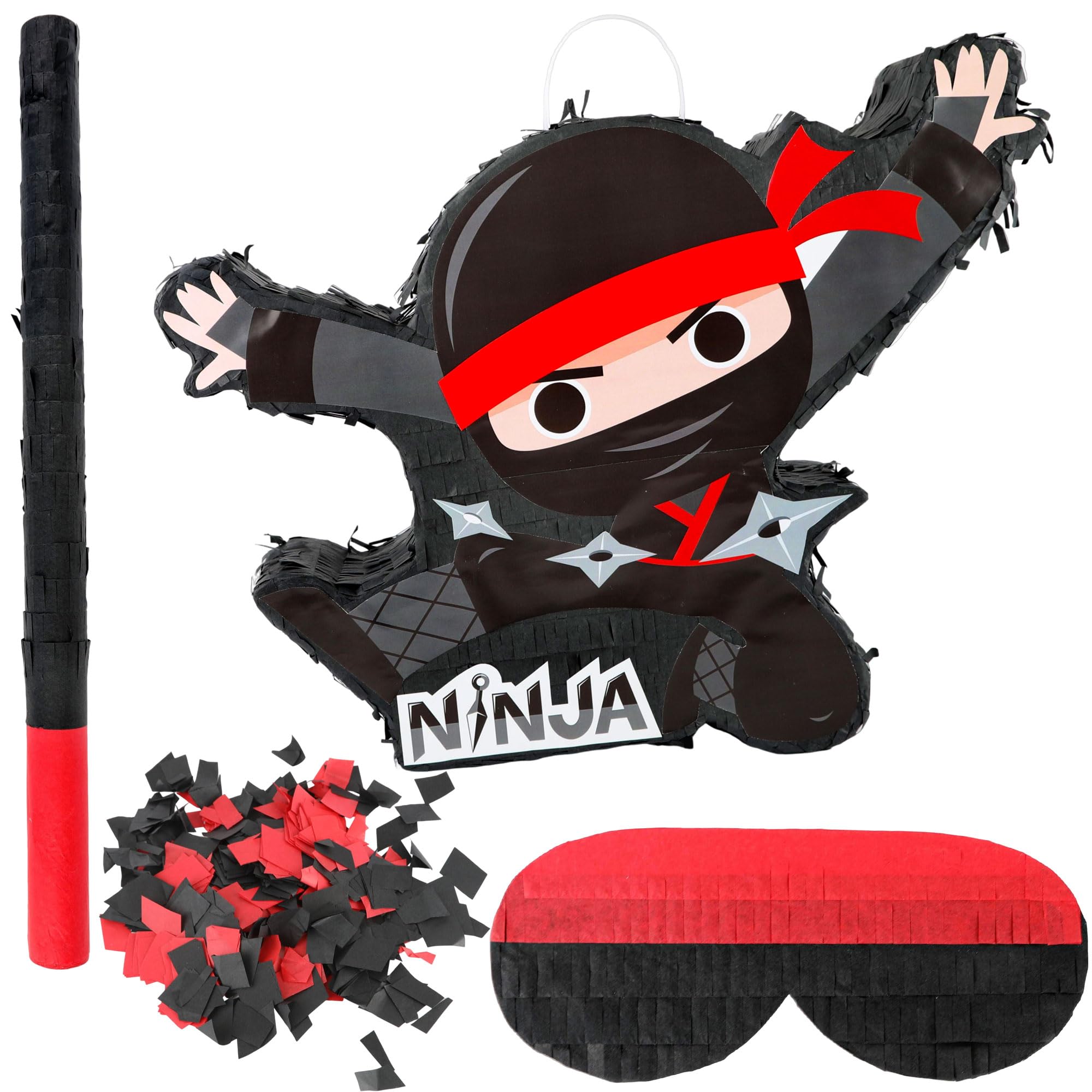 Black Ninja Pinata Ninja-Themed Piñata Bundle Paper Cool Warrior Design Pinata with Stick Blindfold Confetti for Birthday Party Decor Props