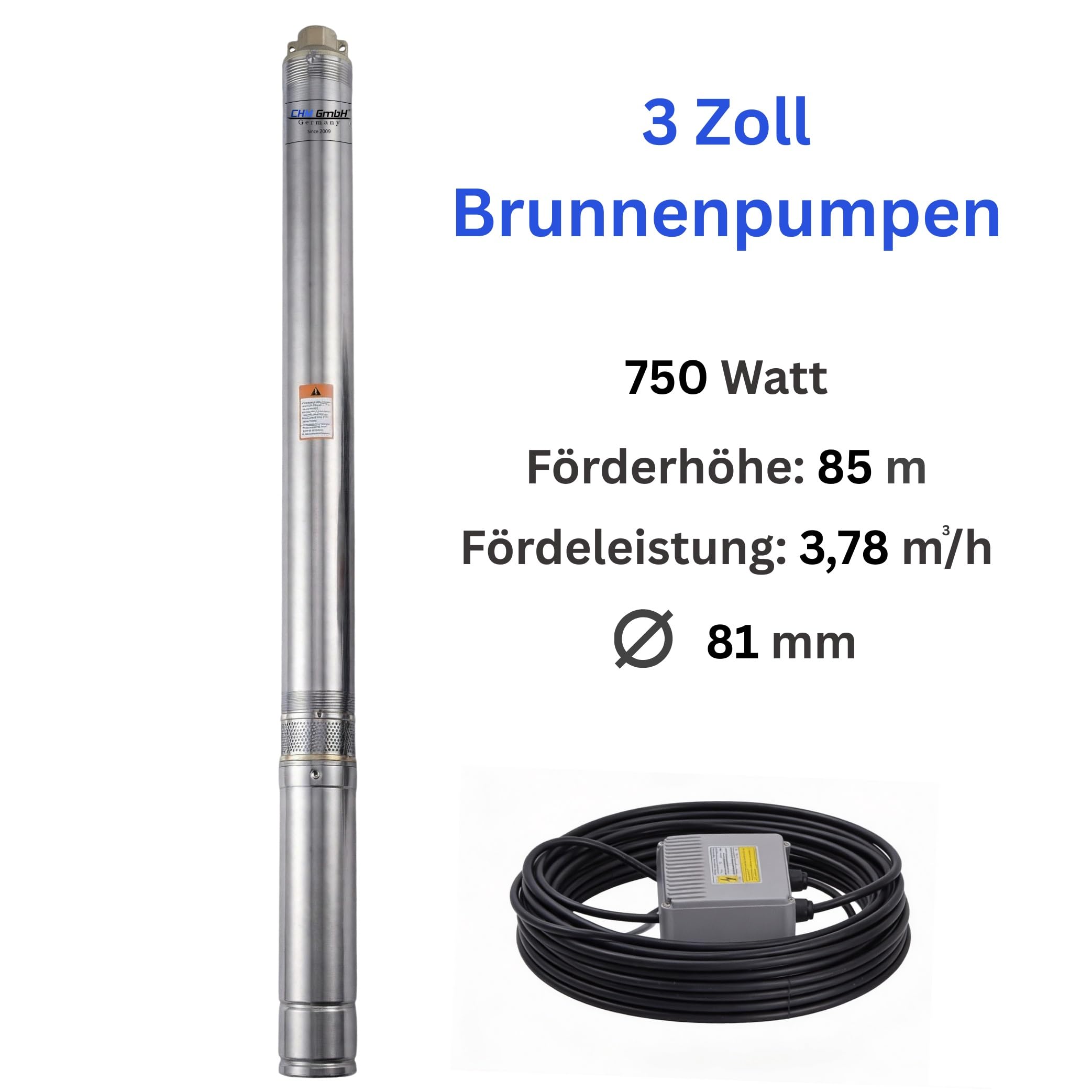 Tiefbrunnenpumpe 3 Zoll 5% sandverträglich 0,75 kW 3780 l/h 20m Kabel u. Motorschutzschalter