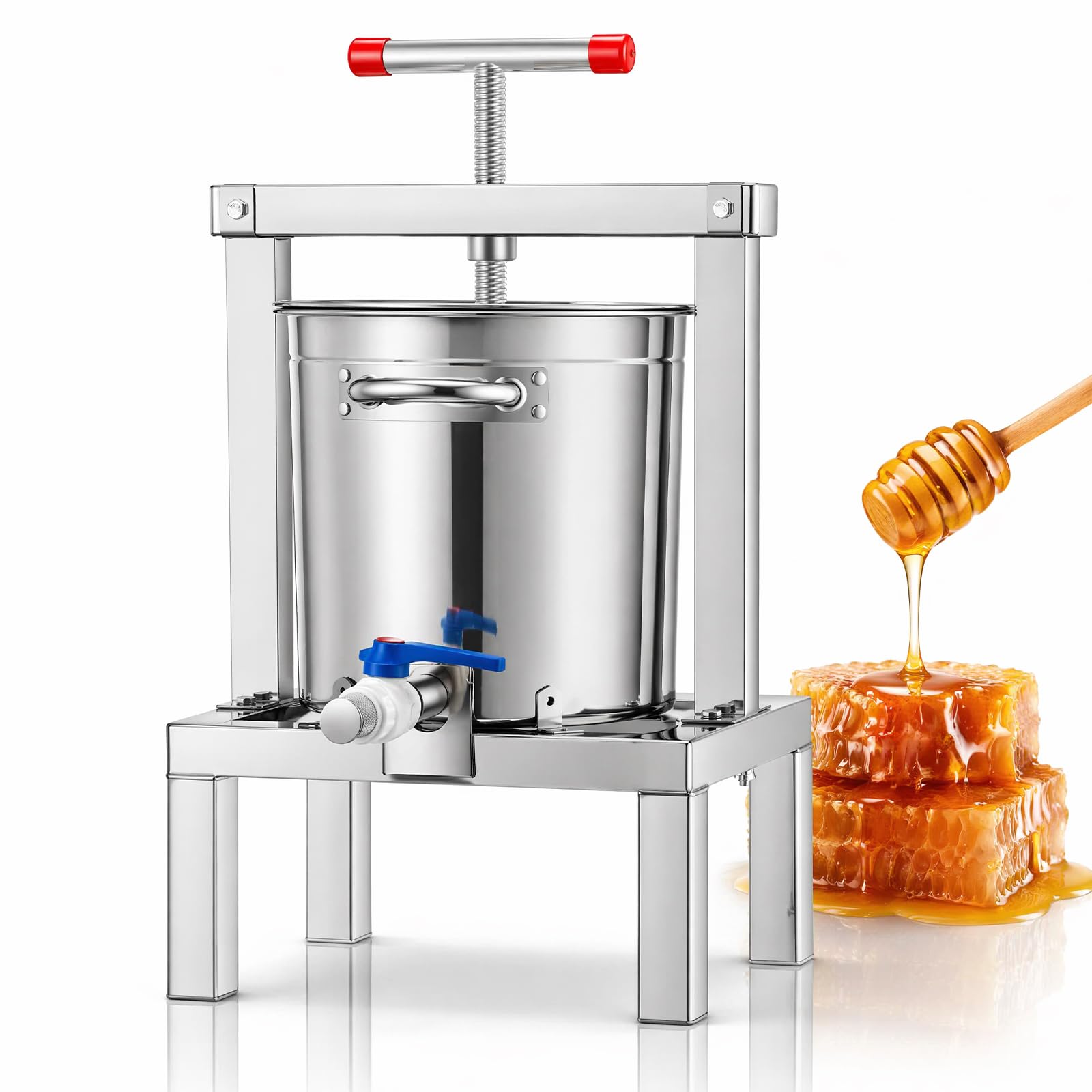 Moongiantgo Presse à Miel Manuelle De 10 L, Presse à Fruits Et à Vin En Acier Inoxydable Avec Poignée En T, Entièrement Fermée, Filtration Multiple, Amovible Pour Miel, Jus, Vin, Cidre, Et Apiculture