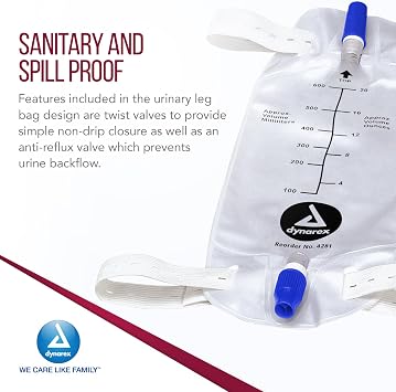 Dynarex Urinary Leg Bag, for Use with Catheter, has a Non-Drip Closure & Anti-Reflux Valve, 600 ml/20 oz Capacity, Medium, White, 1 Box of 12 Leg Bags