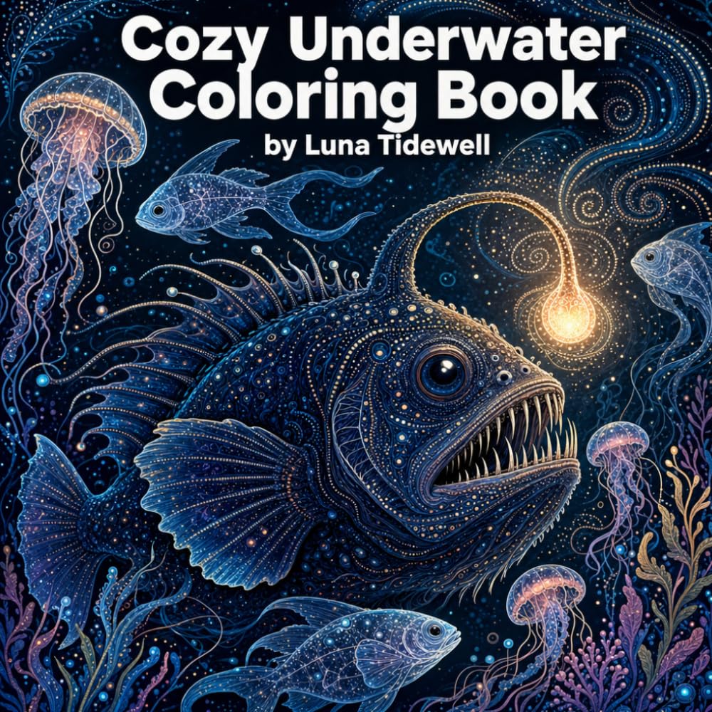 Cozy Underwater Coloring Book: Midnight Deep Sea Bioluminescent Creatures for Ages 6-12 and Adults: 24 Pages of Glowing Marine Life Line Art for Calm Minds and Peaceful Coloring Sessions