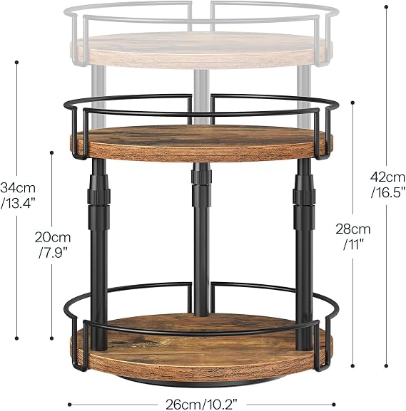 HOOBRO Lazy Susan Organizer Spice Rack, 2-Tier Height Adjustable Rotating Spice Organizer, for Kitchen Countertop and Cabinet, Rustic Brown BF05TL01