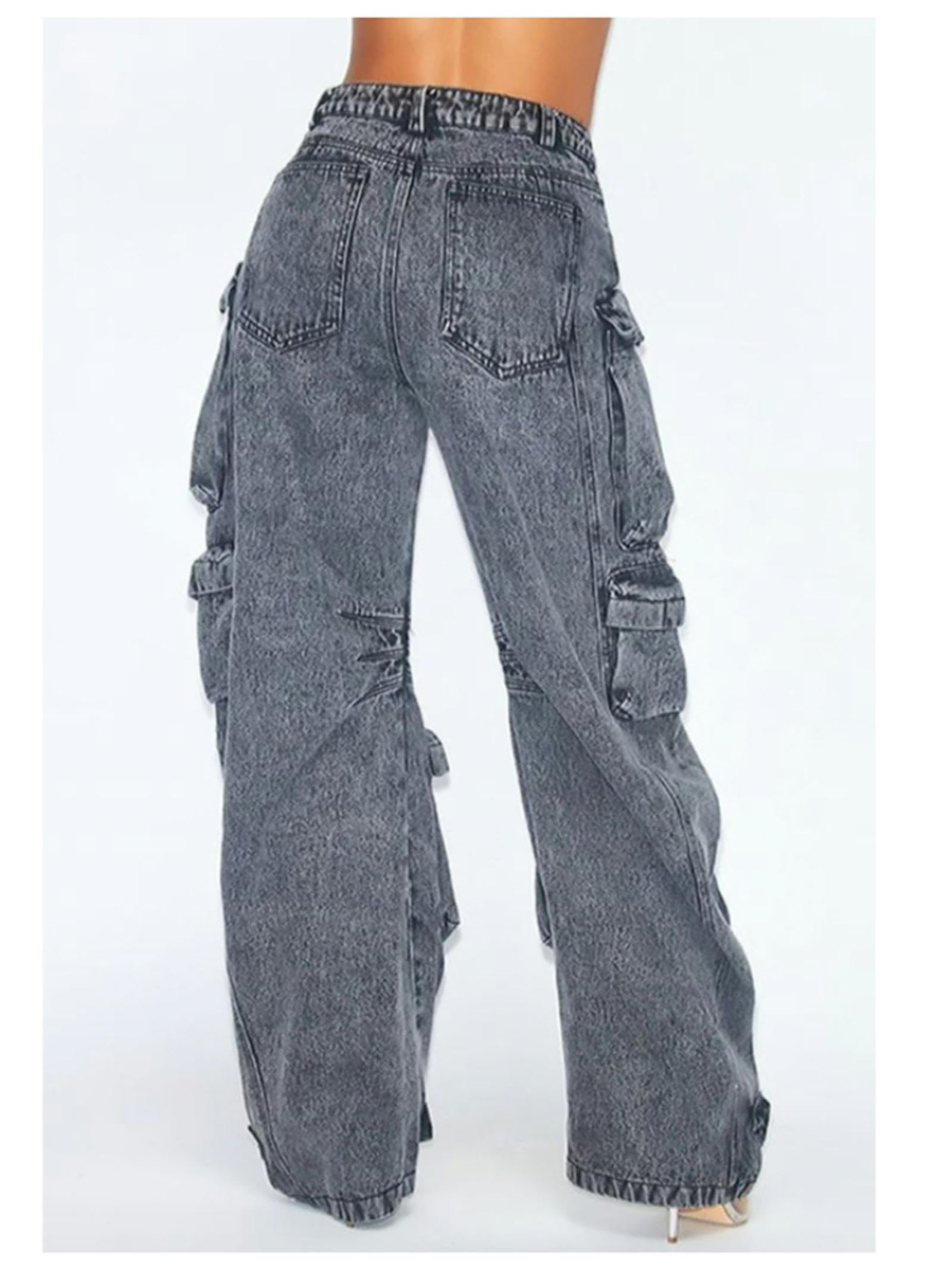 Multi-Pocket-Persönlichkeitsdesign, einfarbig, Y2K-Baggy-Jeans, Damen, High Street, Hip-Hop, weites Bein, lässig, gerade, hoch taillierte Jeans-1-M