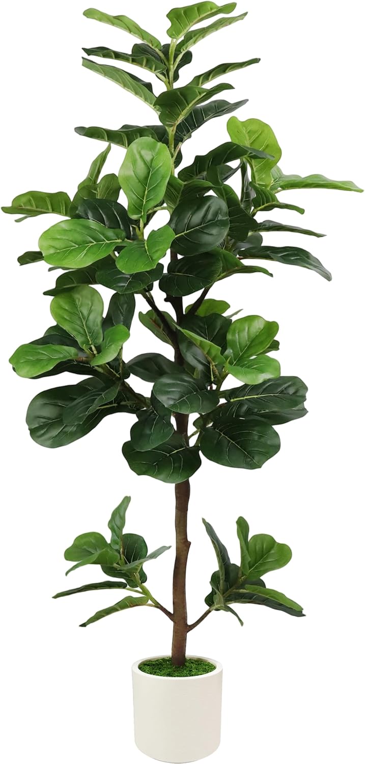5FT Artificial Fiddle Leaf Fig Tree with White Planter & Fake Moss, Realistic Faux Ficus Lyrata Floor Plant for Indoor Home Office Decor, Housewarming Gift