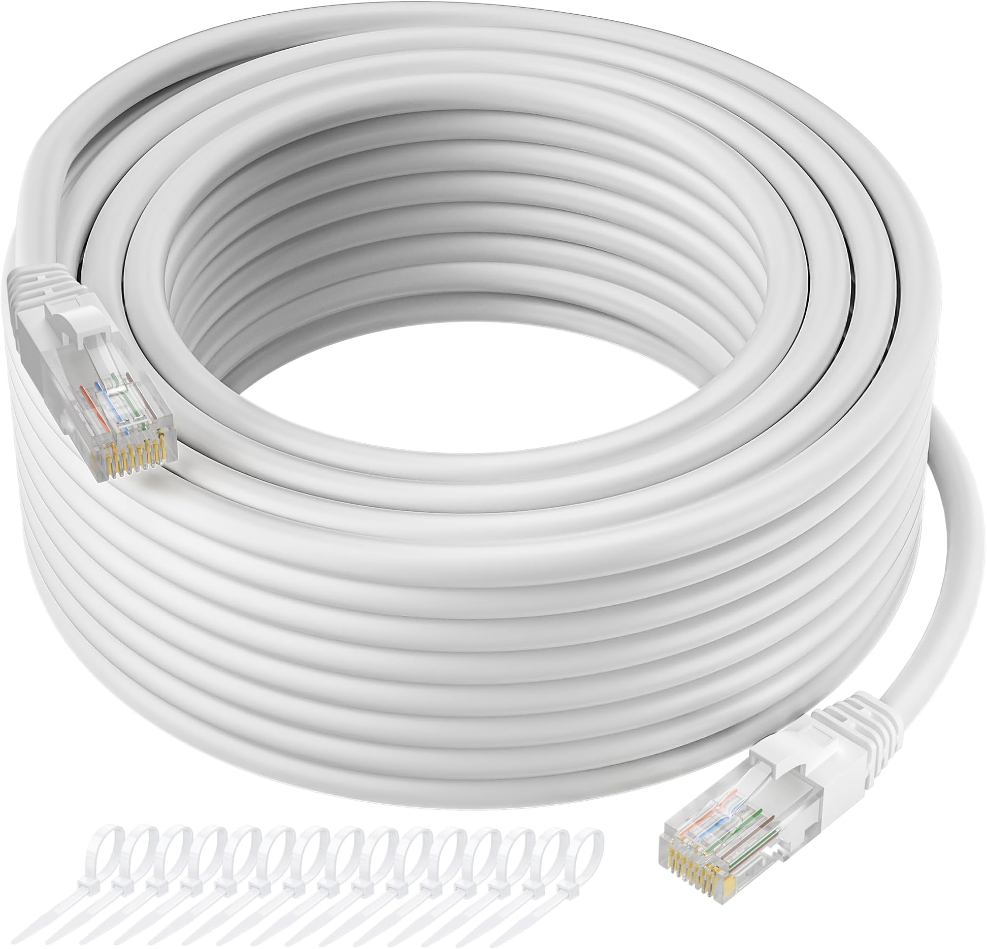 Cat5e Ethernet Cable 50 FT, Long Cat 5e Internet Cable, White Snagless Patch Cord, UV Resistant, Flexible, Network, LAN, PoE, Standard RJ45 Connector for PC, Server, Router, Modem, PS5 - with 15 Ties