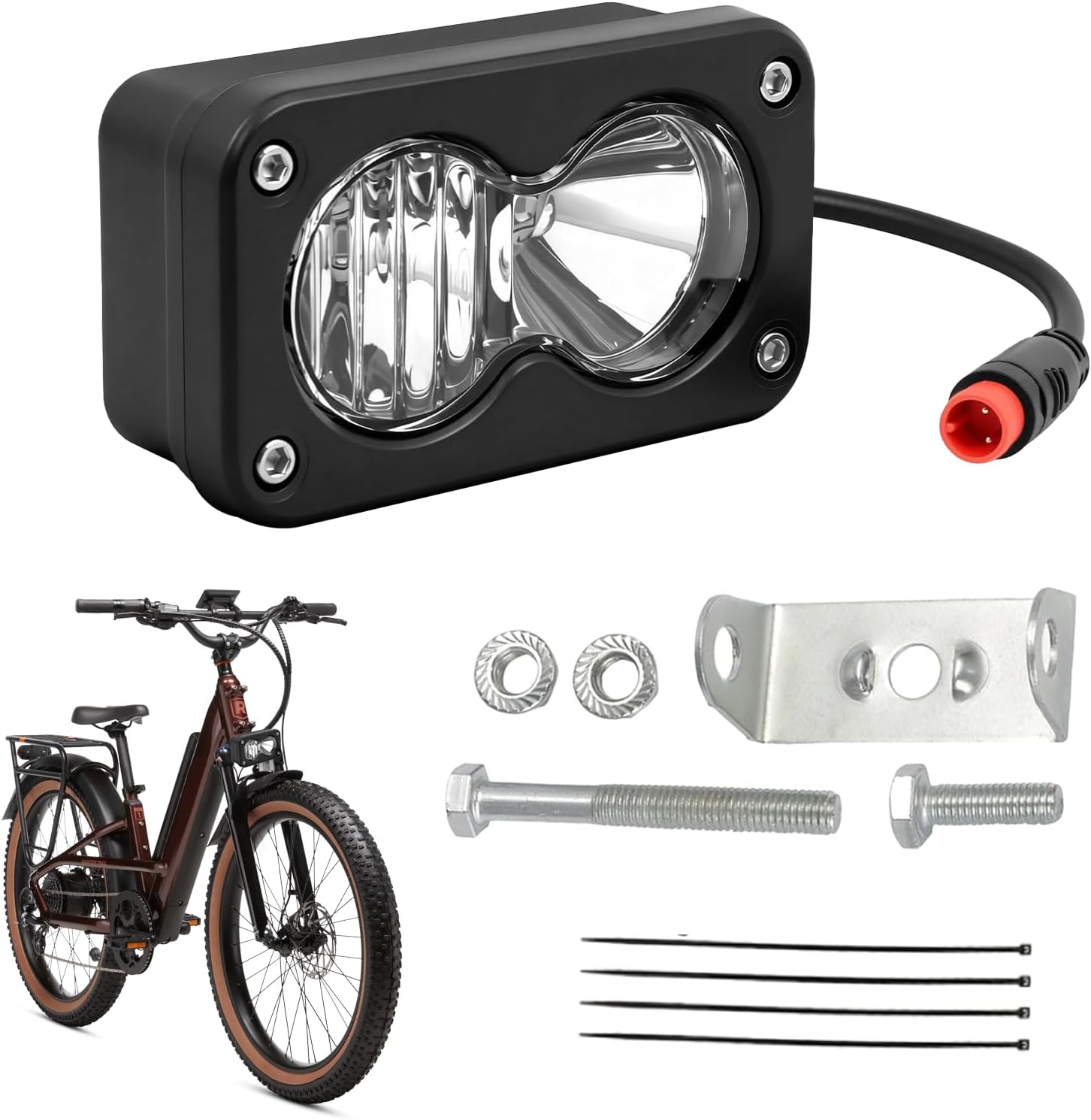 Ebike Headlight for Rad Power, 2 Pin Headlight for E-Bikes Compatible with RadMini RadRover RadExpand RadRunner Vamoose Mammoth Clear White, 20W 6000-6500K Waterproof Ebike LED Light