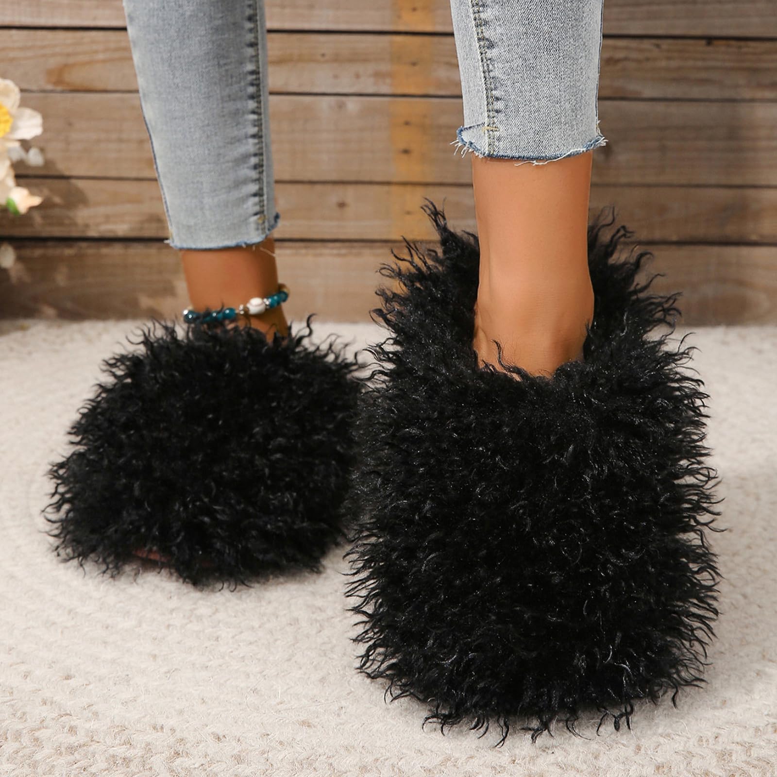 Pantuflas unisex de piel sintética mullida para mujer, de pelo largo y esponjoso, de piel sintética de oveja, para niñas, lujosas, grandes, esponjosas, planas, para exteriores, pelo largo y