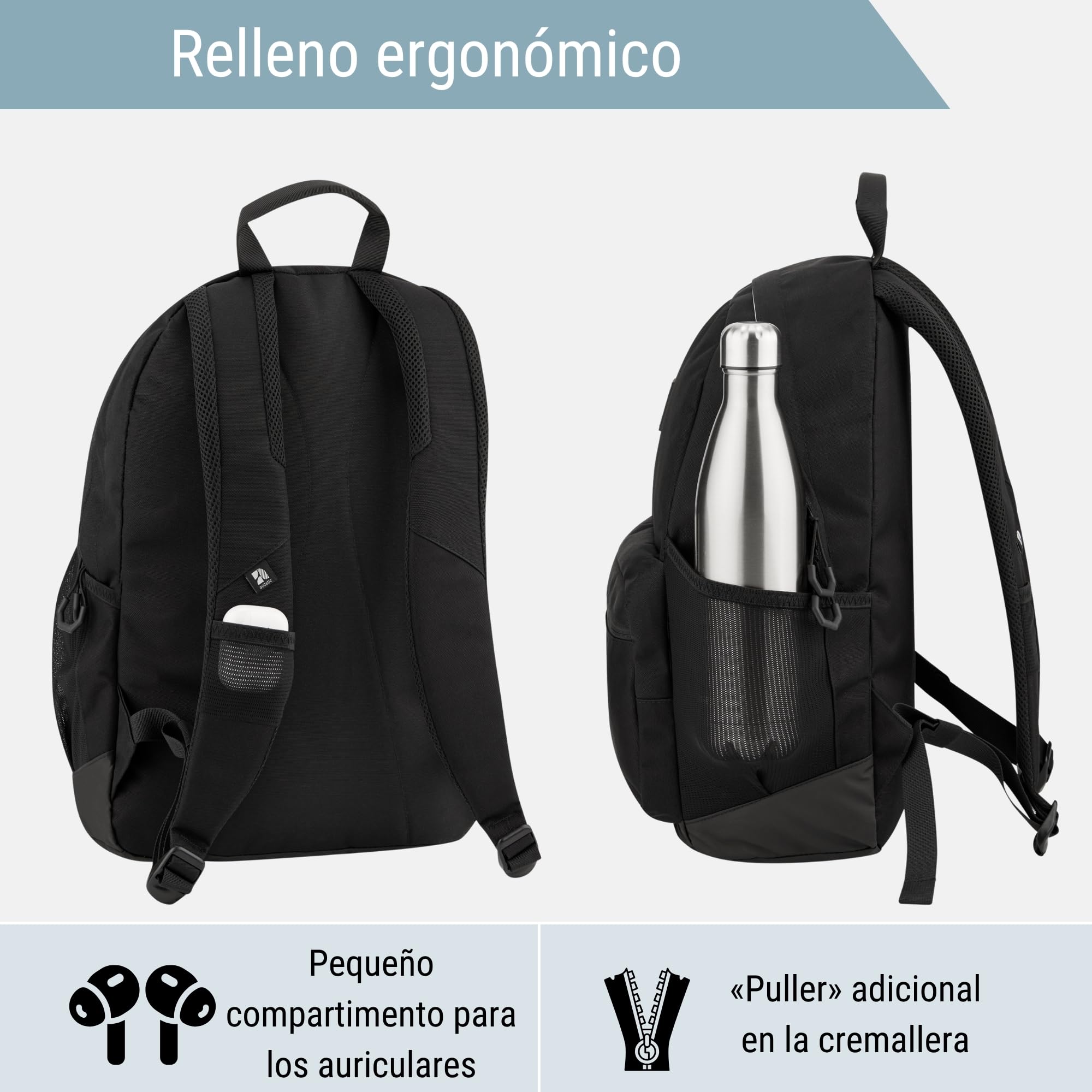 AUDETIC Mochila Mujer, Hombre y Niña Negro - Flex - Mochila Escolar Aesthetic para Portátil - Grande Bolso para Colegio y Viaje Adolescentes - Impermeable