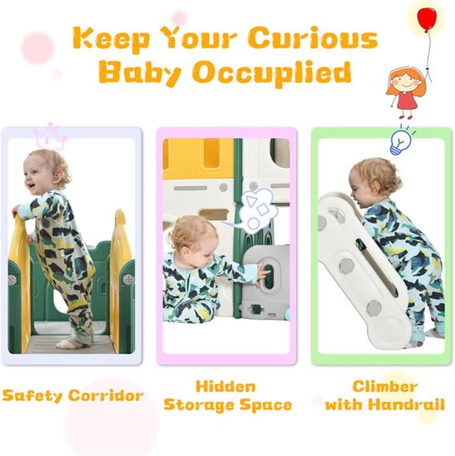 5 In 1 Children's Slide Play Set,Free-standing Castle Climbing Frame with Slide and Basketball Stand, Children's Climbing Playhouse, Suitable for Indoor and Outdoor Activities, Yellow, White and Green