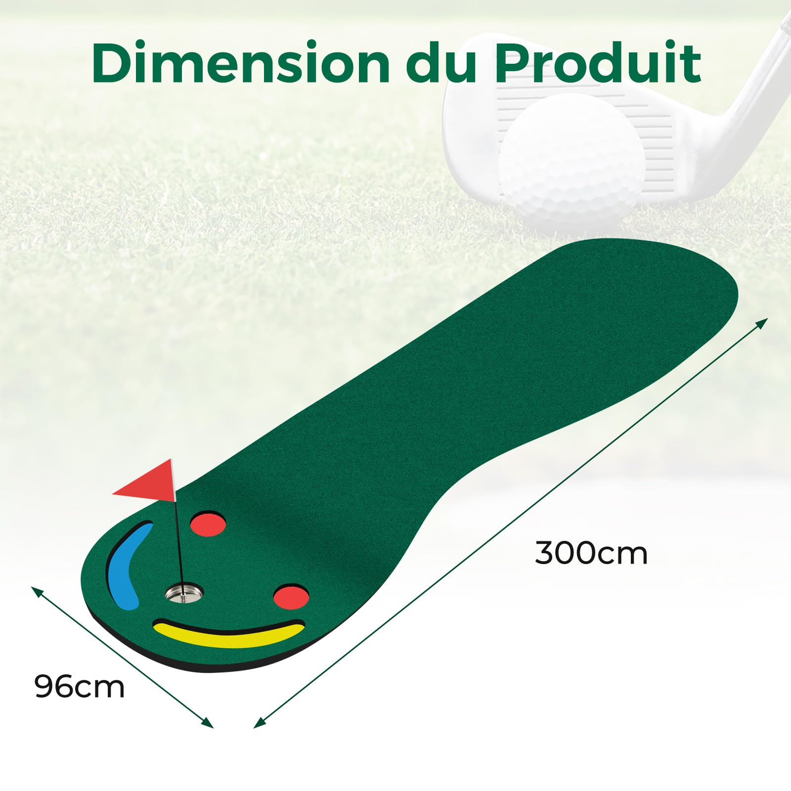 GOPLUS Tapis de Putting Entraînement Golf, Tapis Golf en Intérieur et Extérieur avec 1 Drapeau, 3 Gobelets de Putting, Tapis de Putting pour Enfants et Adultes 300 x 96 cm