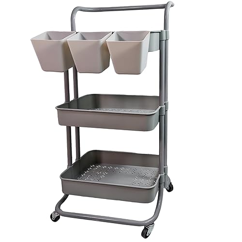 Ceeyali 3-Tier Rolling Utility Cart Storage Organizer Shelf Cart with Lockable Wheels and 3PCS Cups and 8PCS Hooks for Home Kitchen,Bathroom,Office,Laundry Room etc. (Grey) - Grey