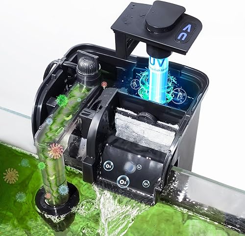 Miniatura 1 de Filtro de acuario para colgar en la parte posterior, 158 GPH para tanque de peces de 20 a 40 galones, con luz U-V desmontable y desnatador de