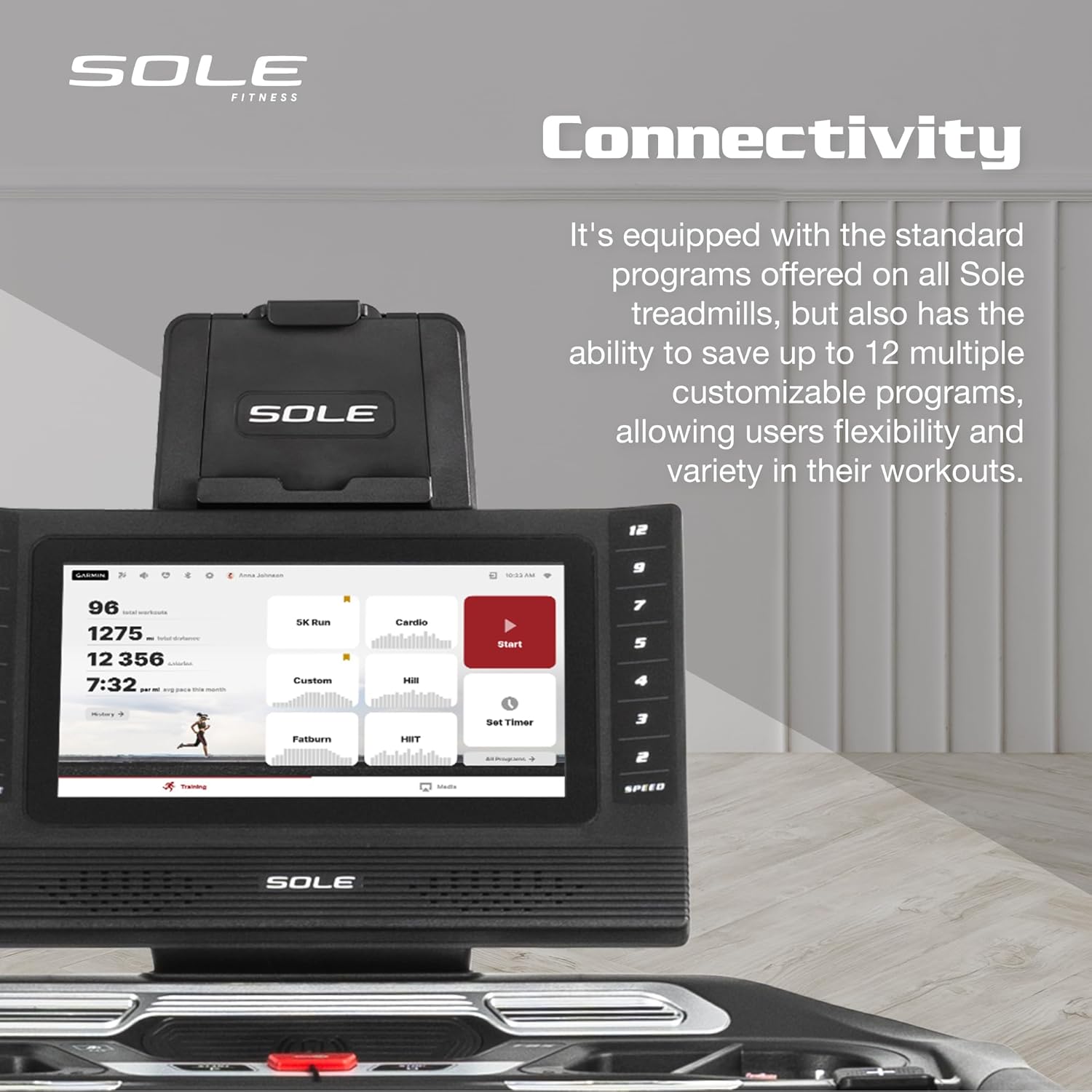 Sole F85 Folding Treadmill Console - Advanced Connectivity and Custom Workout Programs Close-up of Sole Fitness F85 treadmill console displaying workout metrics like speed, distance, and time, with customizable programs and tablet holder for enhanced connectivity
