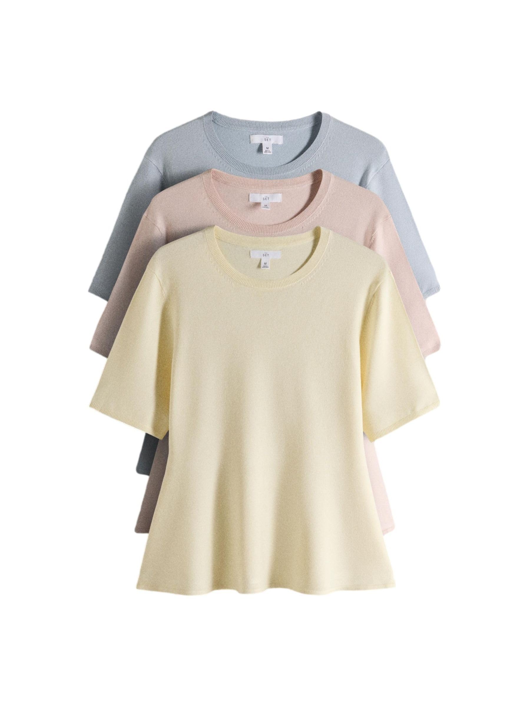 THE SET Mujeres Pack de 3 Camisetas con Sobrefalda de Punto Fino