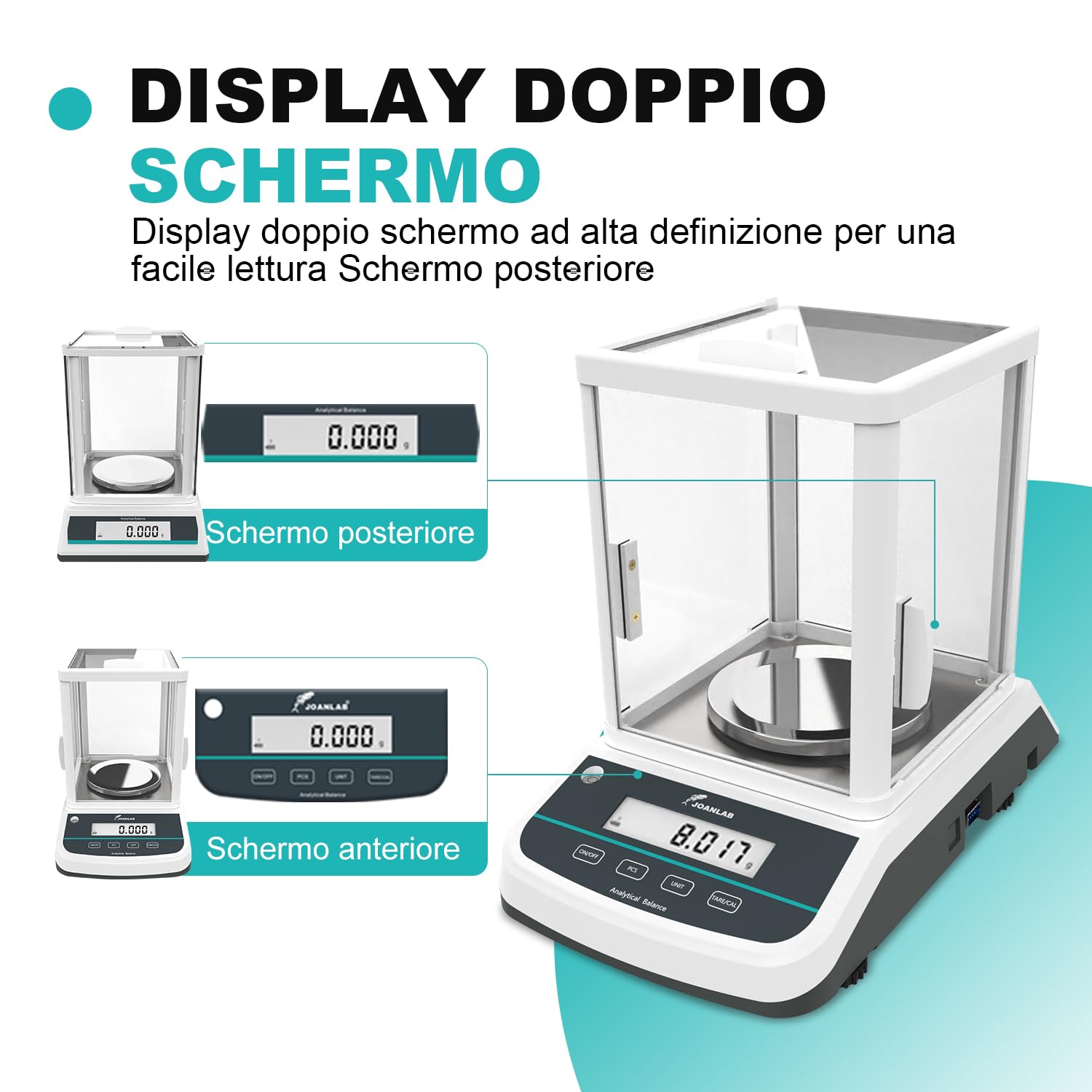 JOANLAB Bilancia Analitica a Doppio Display 200g x 0,001g, Bilancia di Laboratorio Alta Precisione con Calibrazione Esterna, LCD Retroilluminato per Laboratorio, Gioielleria & Farmacia(200g x 0,001g)