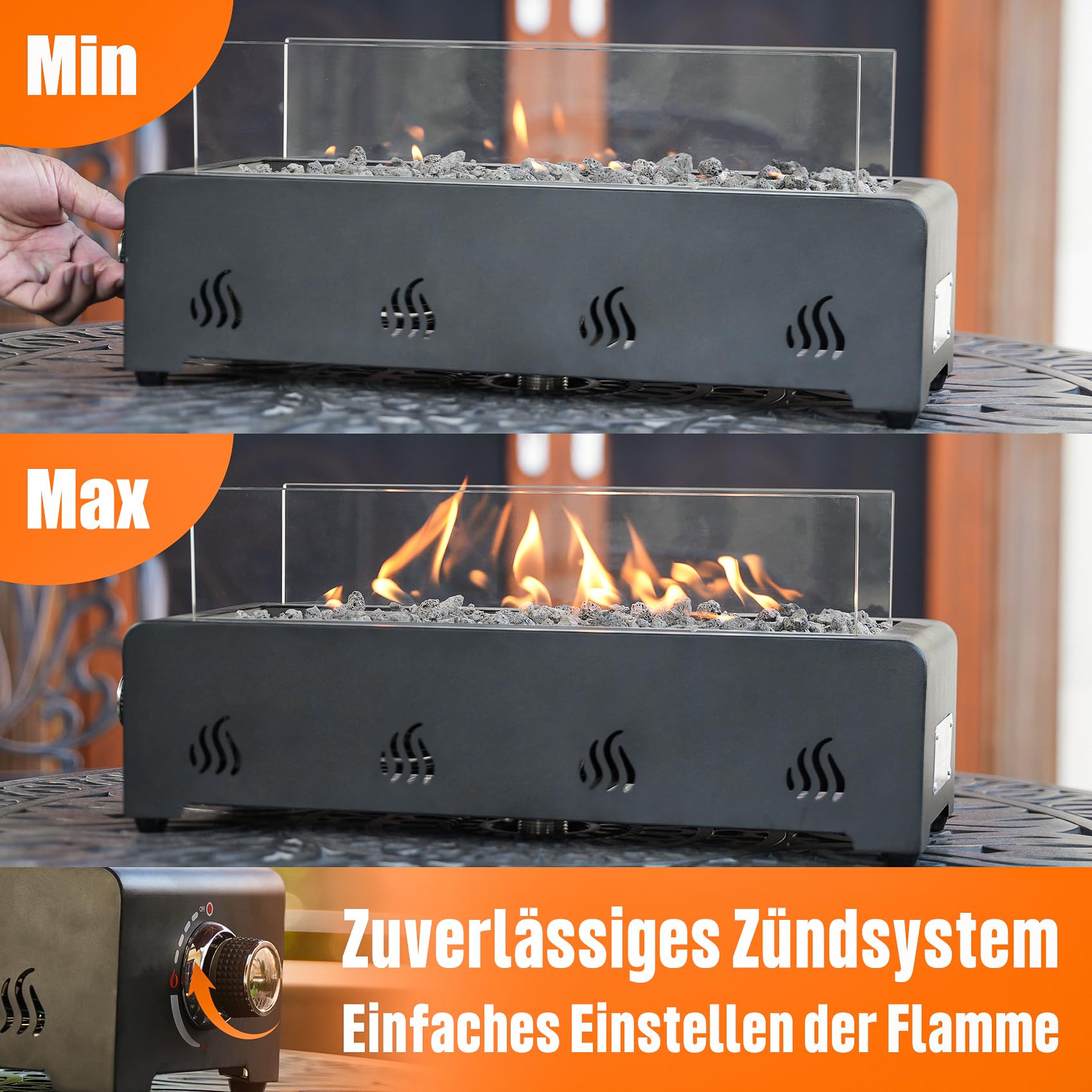 Onlyfire Tischfeuer 3,2 kW 45,7cm Kleine Feuerstelle mit Lavastein Glaswindschutz Gasdruckregler