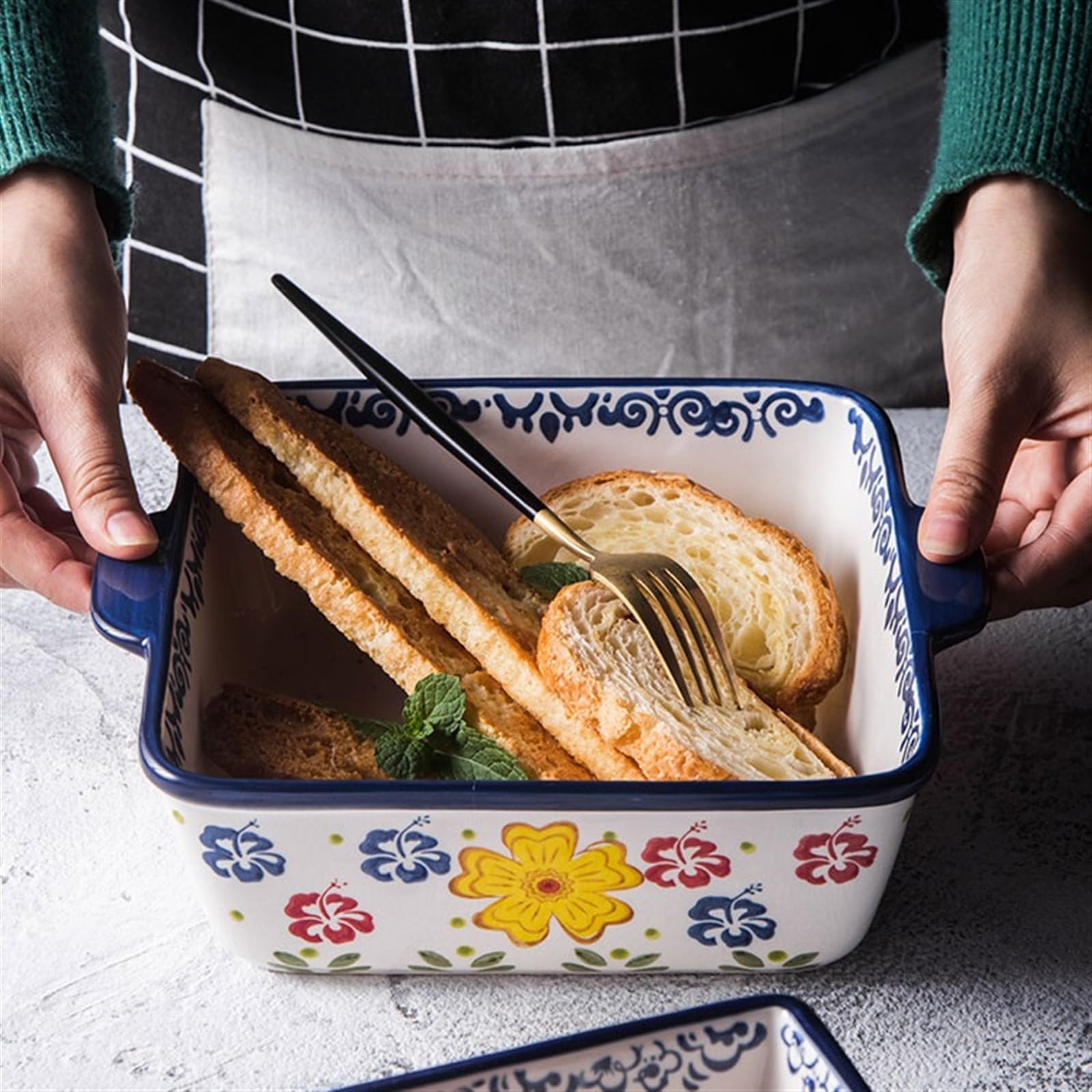 Teglie per forno Piatto da forno in ceramica rettangolare creativo Doppio orecchio Formaggio Piatto di riso al forno Forno da forno Ciotola for uso domestico Grande piatto da zuppa Piatto fondo Teglia