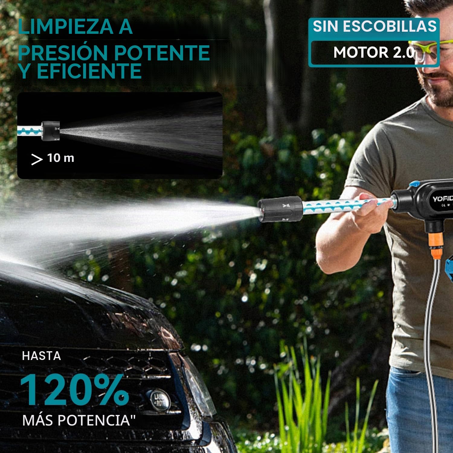 Yofidra Hidrolimpiadora Bateria Portatil | Press & Clean Pistola Lavado | Máximo 200Bar/4.5L/min | 3 Velocidades | 2 Baterías 3,0Ah | Boquilla 5 en 1 | Manguera 5m | para Coche, Jardín