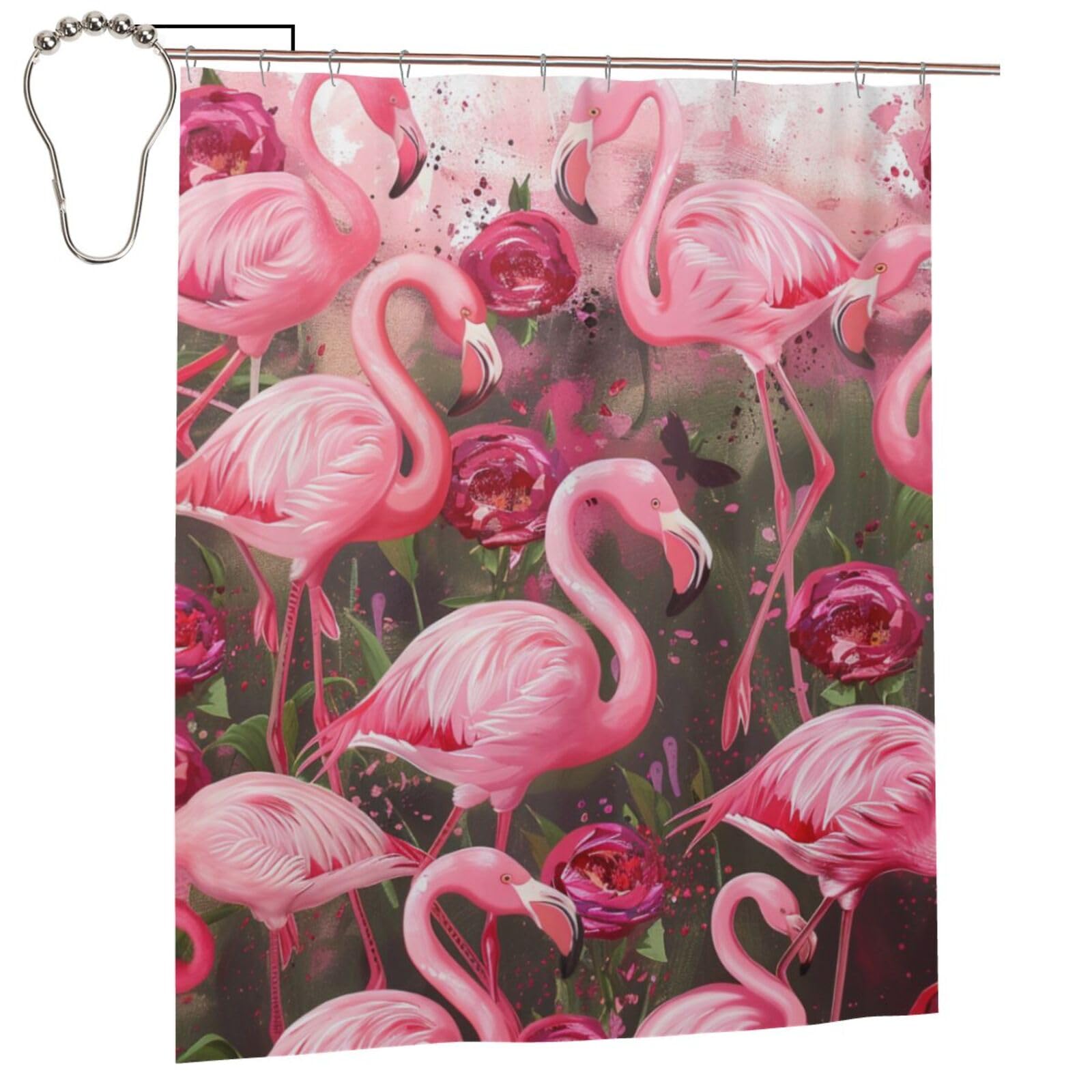 BWWHCCTI Flamingos Printed Shower Curtain With 12 Iron Hooks Opaque Quick Drying Waterproof Shower Curtains Sets For Bathroom 152x183 Cm