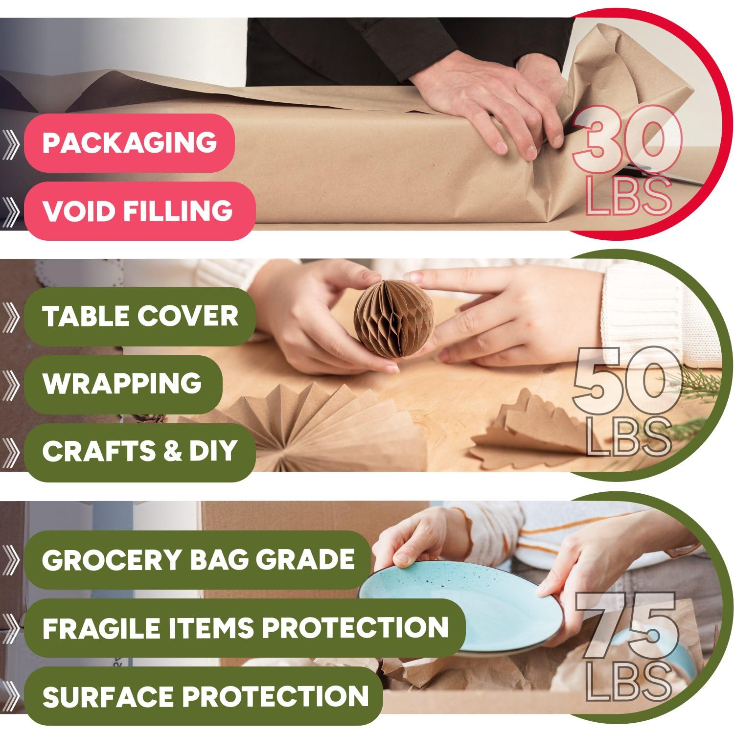 Rollo de papel kraft marrón natural de 24 x 14400 pulgadas (1200 pies), grado estándar de 30 libras, fabricado en Estados Unidos, rollo grande de papel de regalo marrón, núcleo de 3 pulgadas