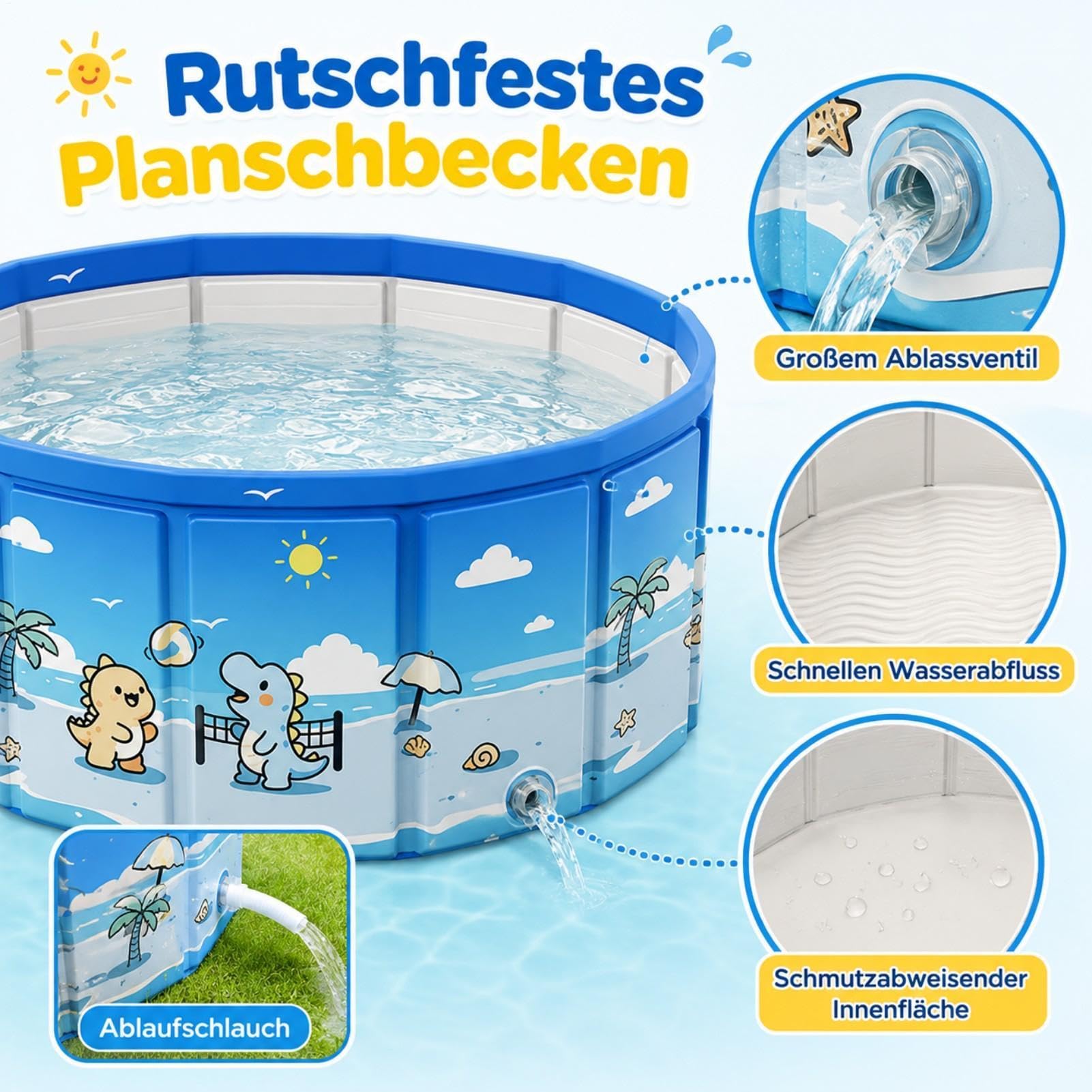 Großer Faltpool Outdoor - Anti-Rutsch Kinderpool Mit Ablaufschlauch | Tragbares Schwimmbad Für Zuhause, Garten, Hinterhof, Terrasse, Reise, Camping
