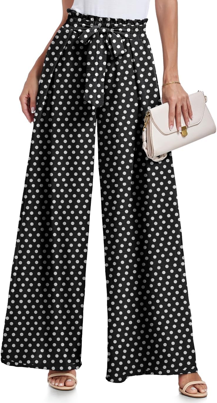 Lepunuo Wide Leg Pants for Women High Waisted Palazzo Pants Work Casual Flowy Tie Knot Trousers with Pockets