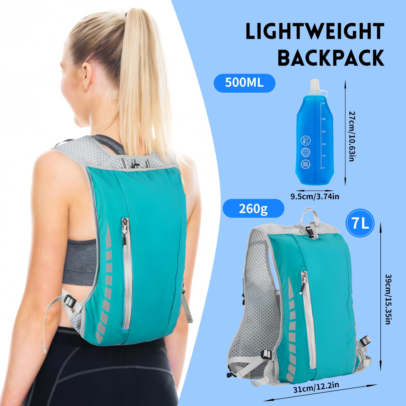 Expansea Zaino da Corsa 7L, Super Leggero Zaino Uomo & Donna, Tasche Multiple, Running Vest With Borraccia Morbida 500ml per Ciclismo, Maratona,Corsa, Arrampicata e Altri Sport All'Aria Aperta